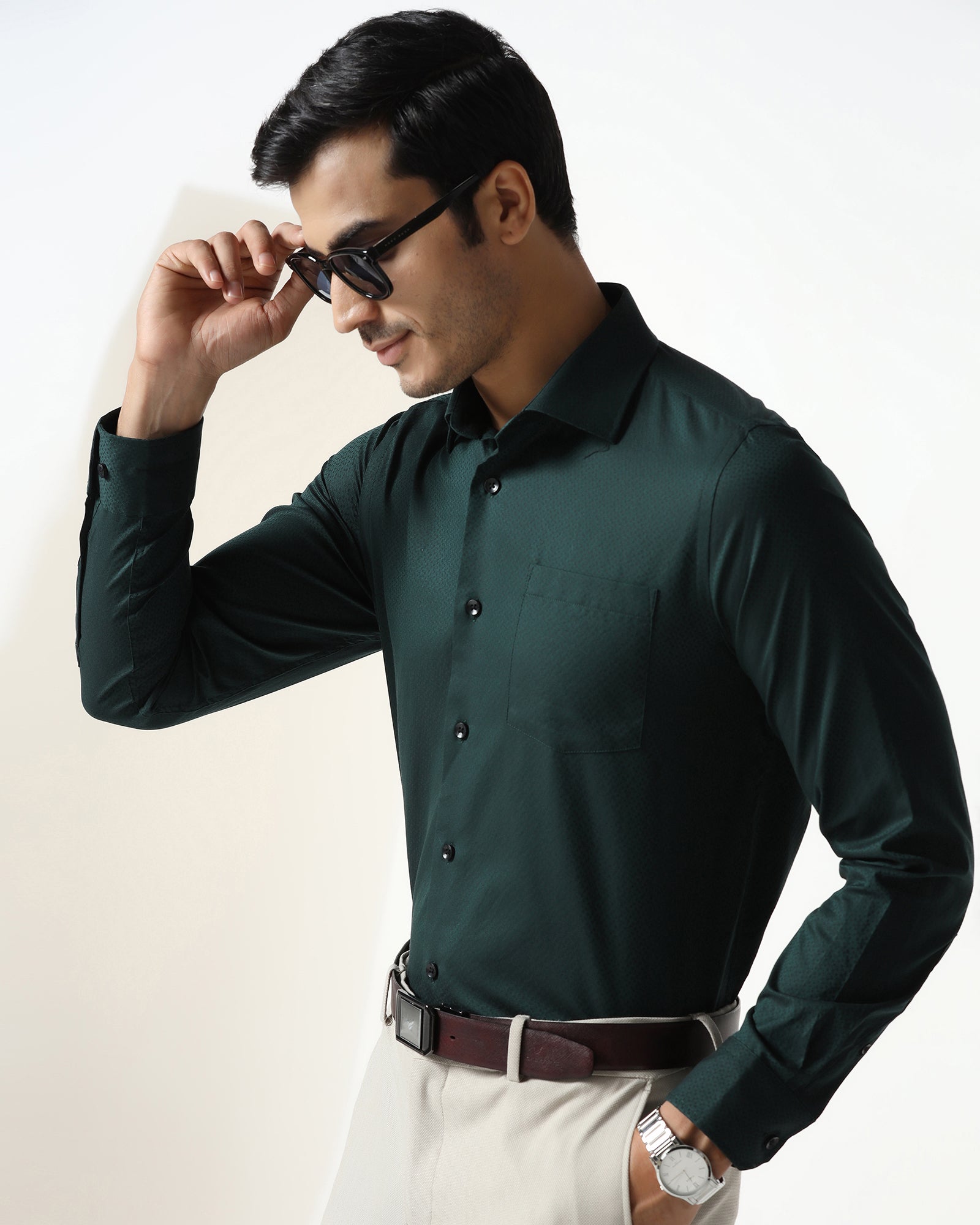 Bottle Green Textured Shirt - Regard