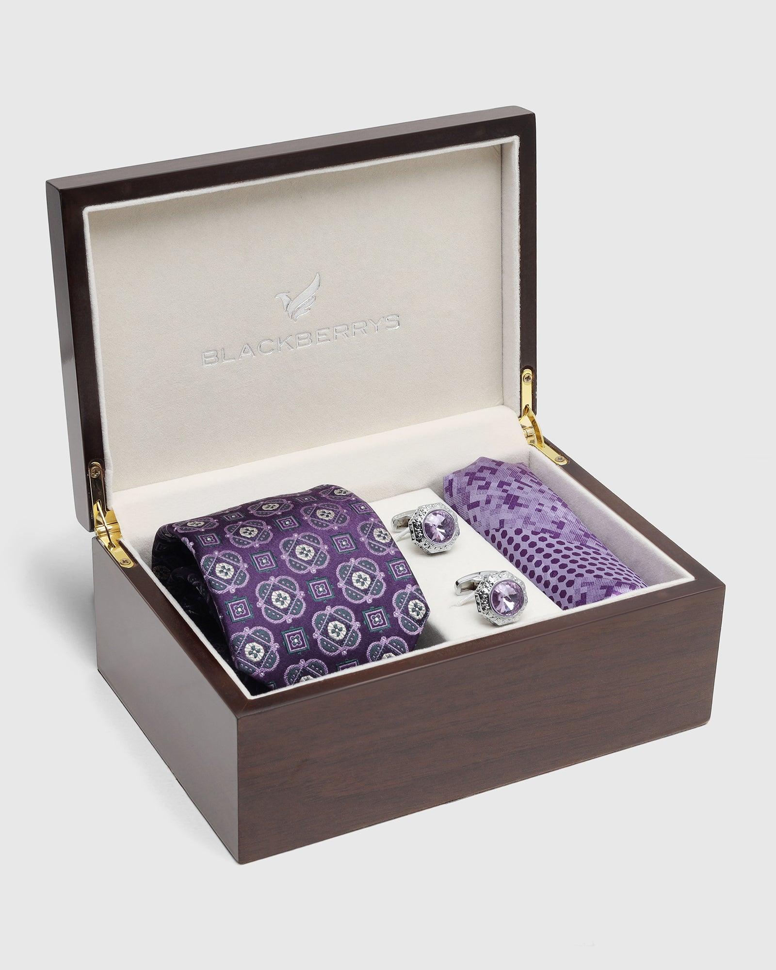 Boxed Combo Printed Tie With Pocket Square And Cufflink In Purple - Taran