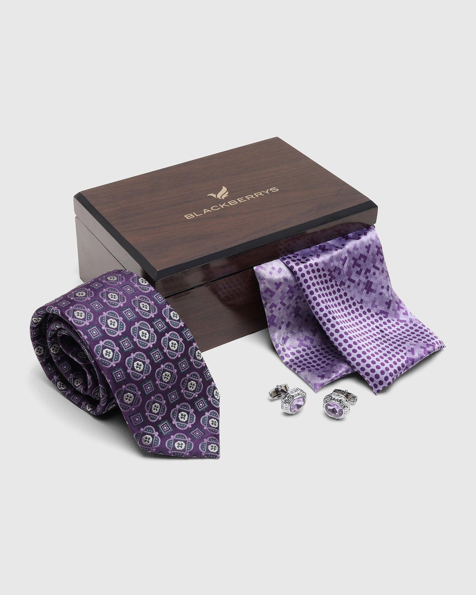 Boxed Combo Printed Tie With Pocket Square And Cufflink In Purple - Taran - Blackberrys