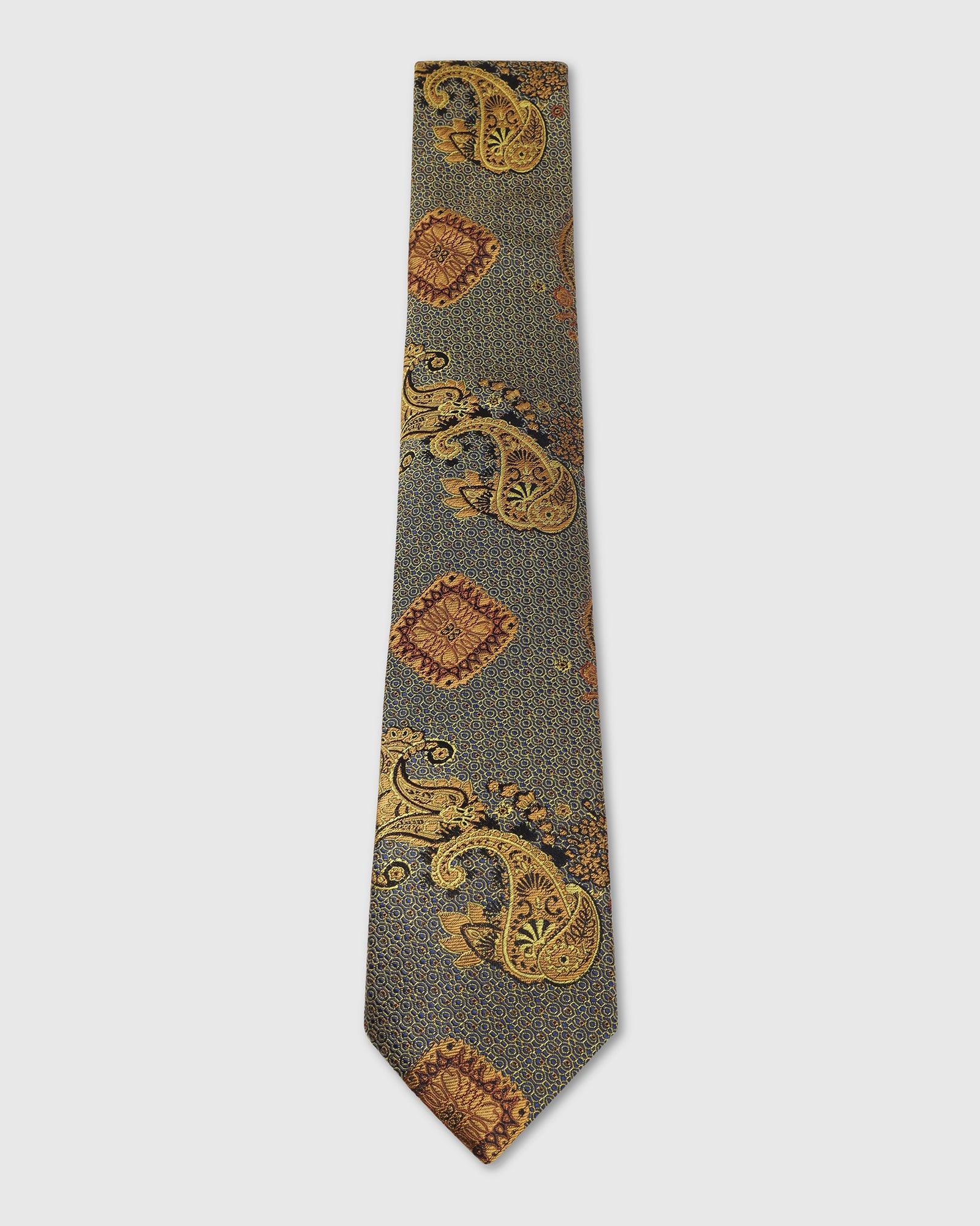 Boxed Combo Printed Tie With Pocket Square And Cufflink In Yellow - Tarmaric - Blackberrys