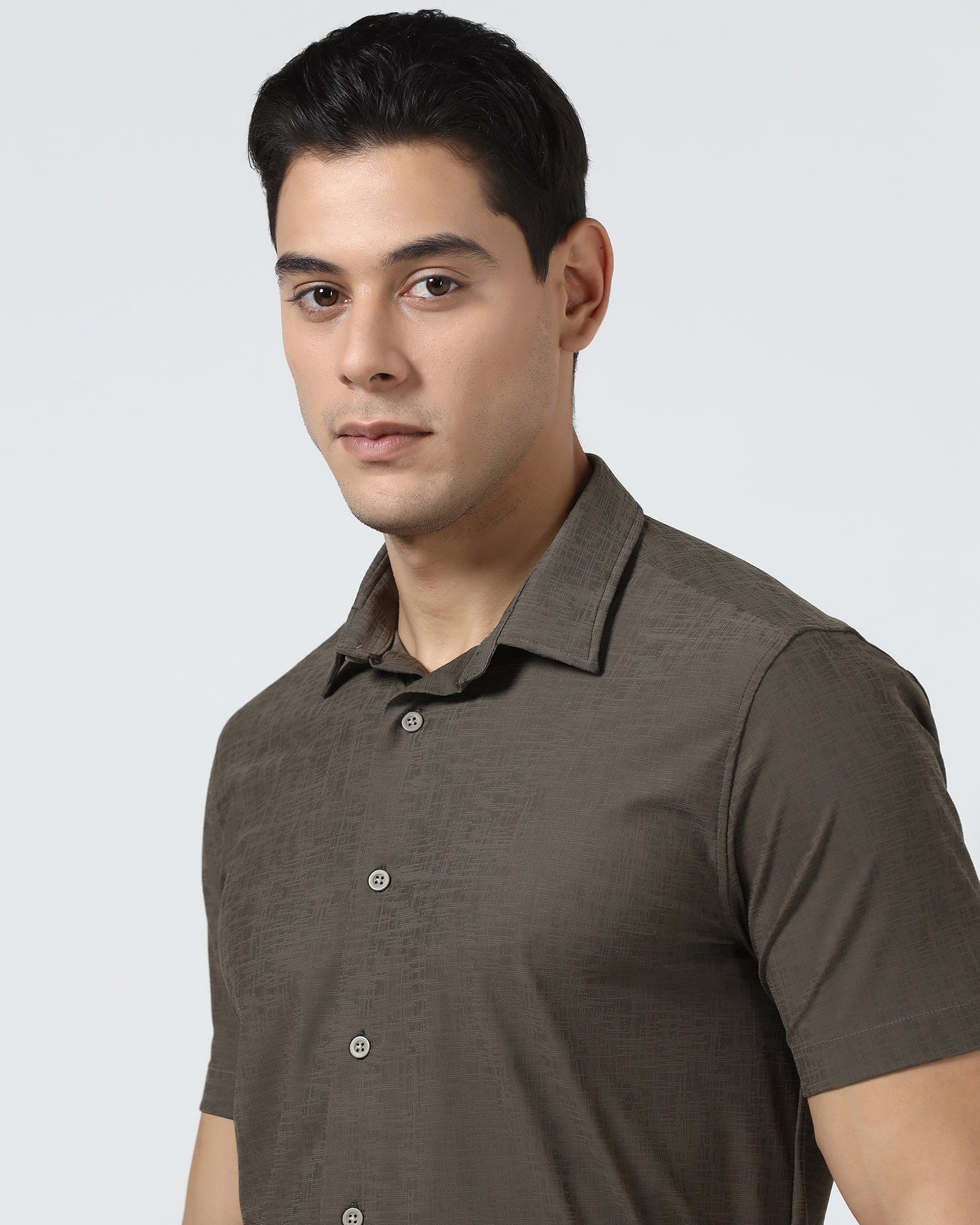 Brown Half Sleeve TechPro Jacquard Shirt - Cruise