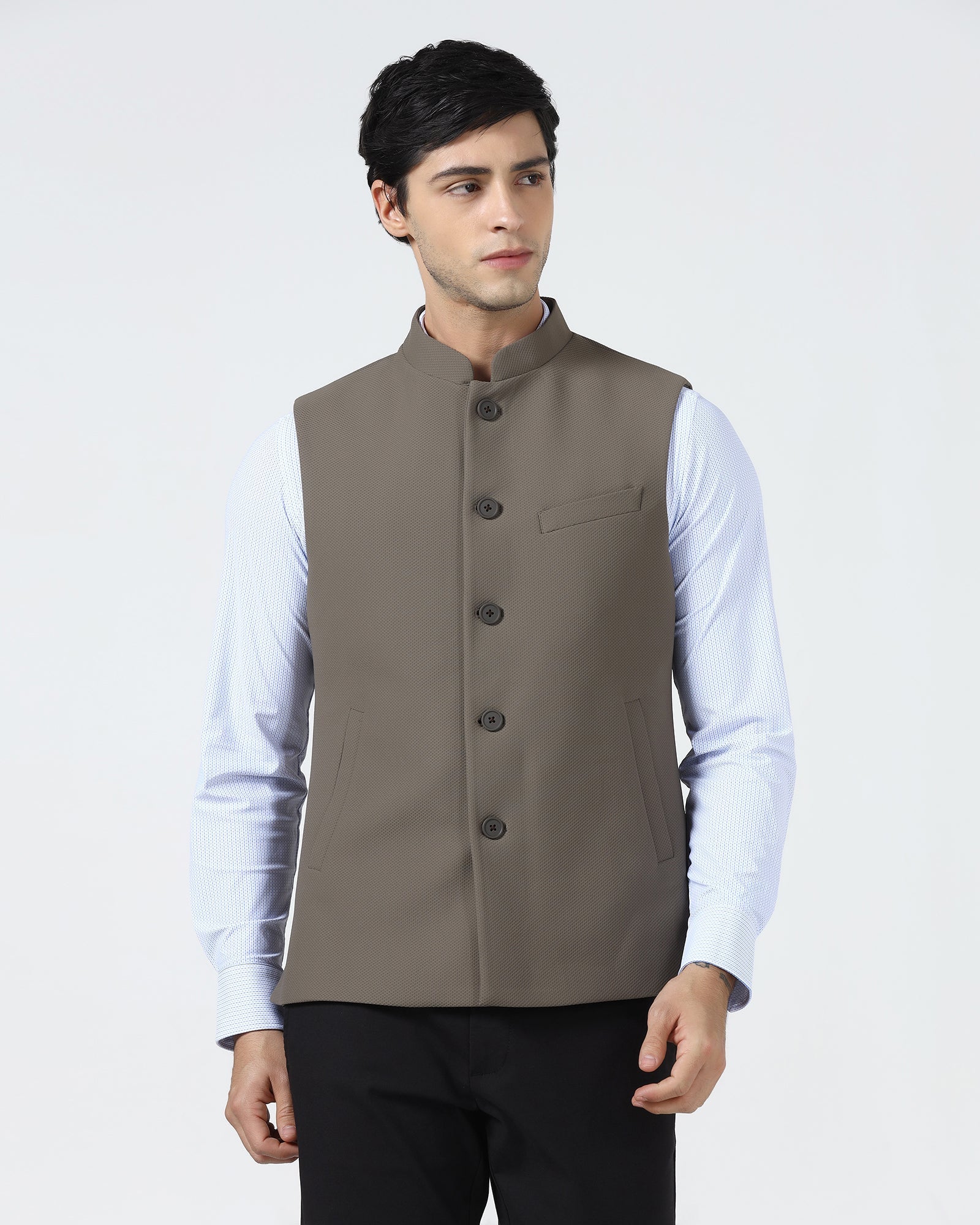 Brown Bandhgala TechPro Textured Waistcoat - Marcelo