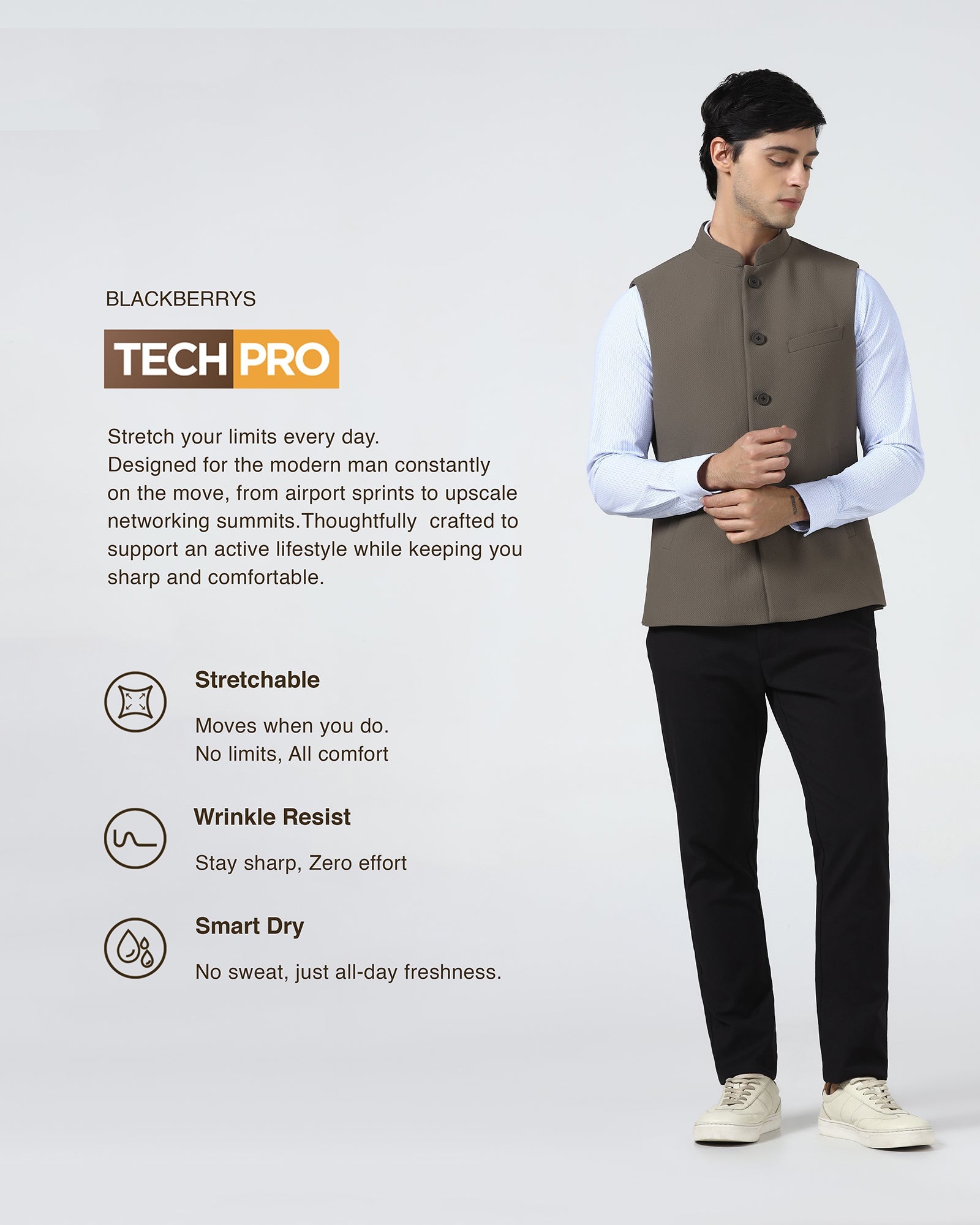 Brown Bandhgala TechPro Textured Waistcoat - Marcelo