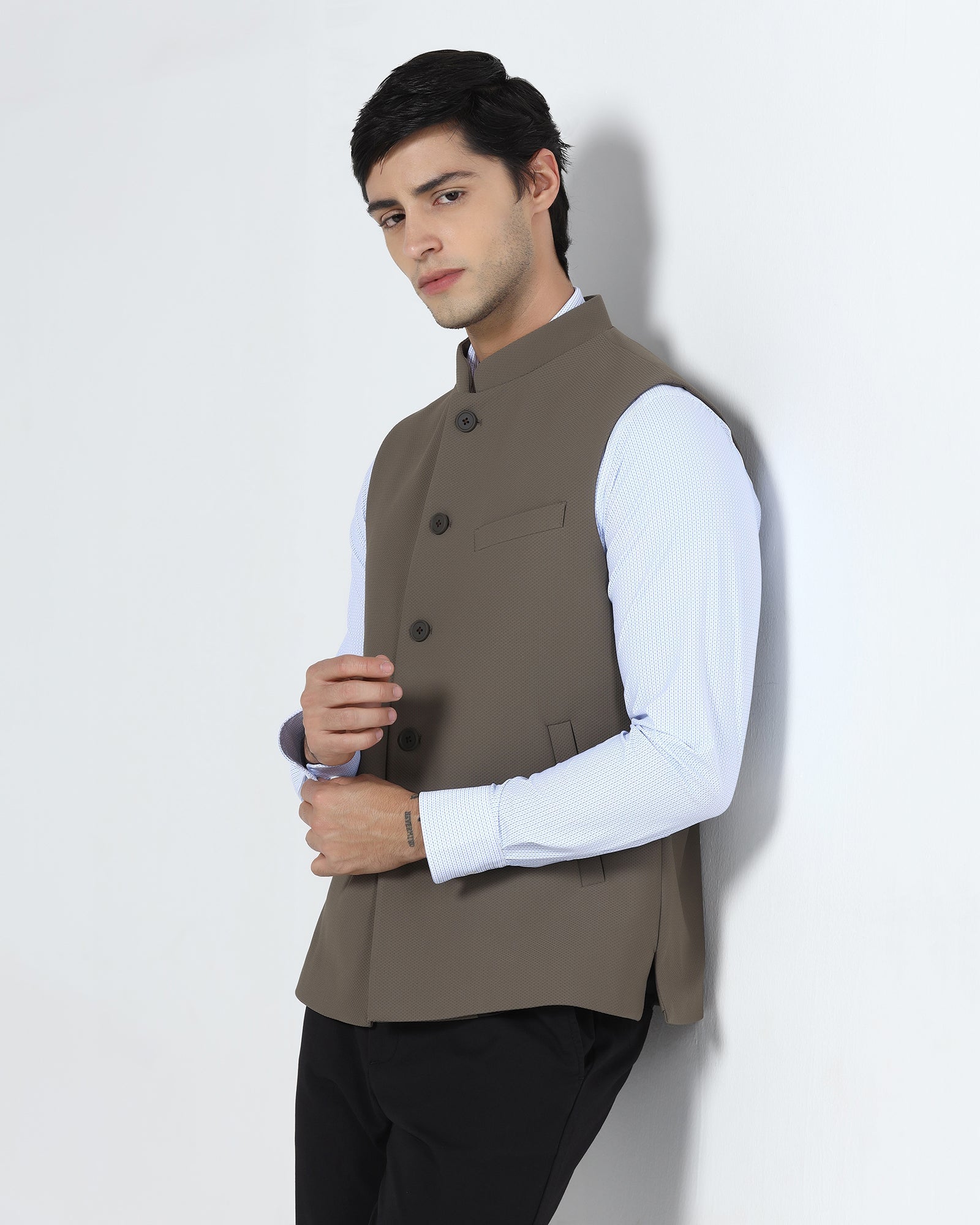 Brown Bandhgala TechPro Textured Waistcoat - Marcelo