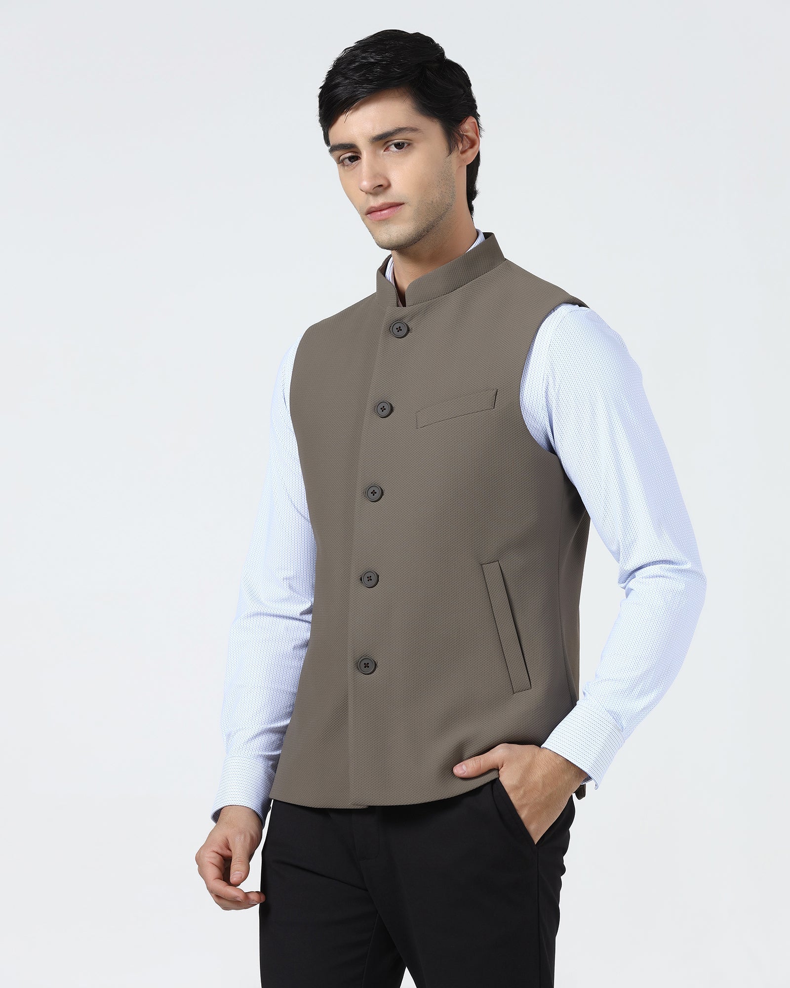 Brown Bandhgala TechPro Textured Waistcoat - Marcelo
