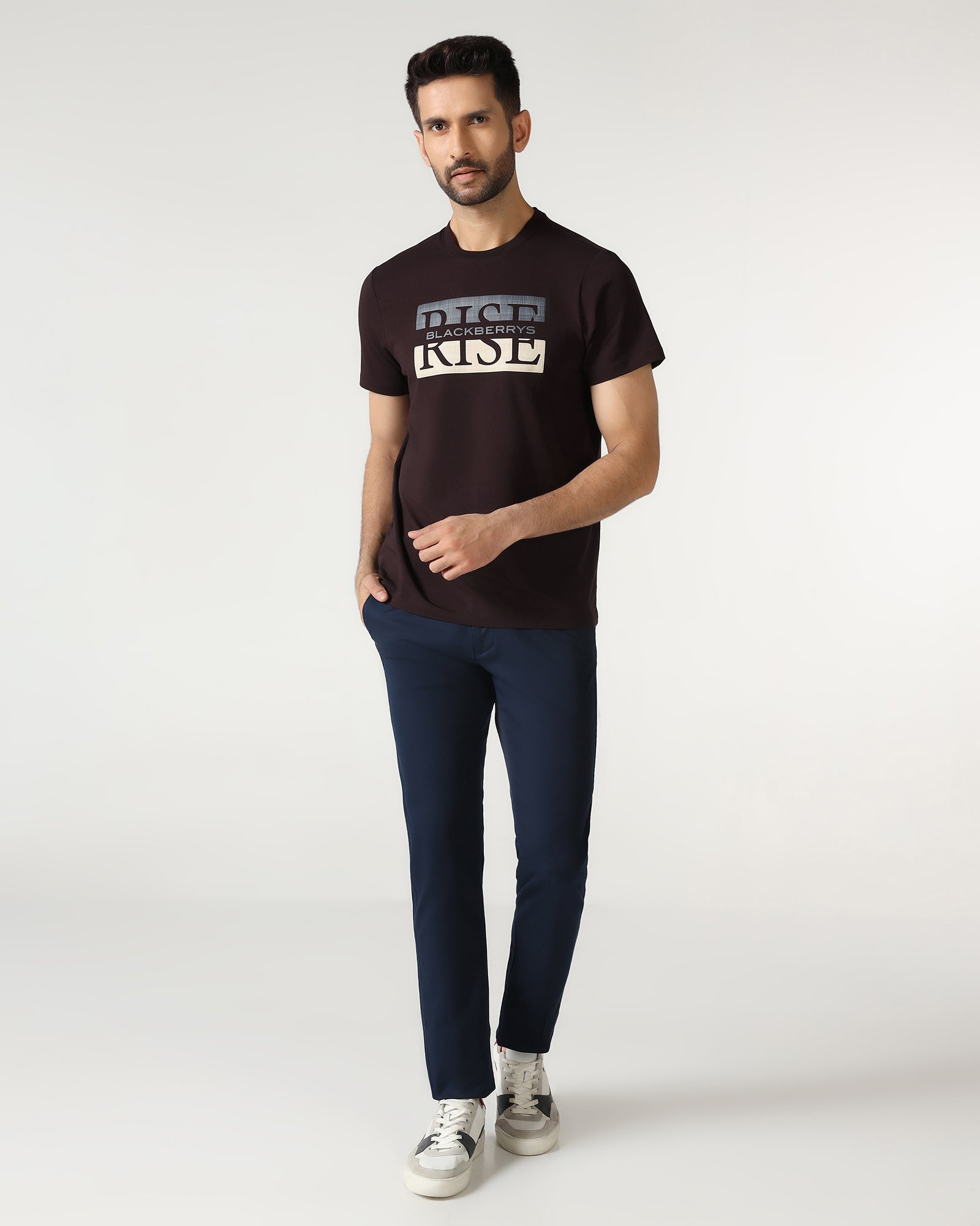 Brown Crew Neck Solid T-Shirt - Rise