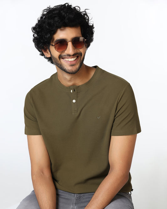 Brown Henley Collar Textured T-Shirt - Hann