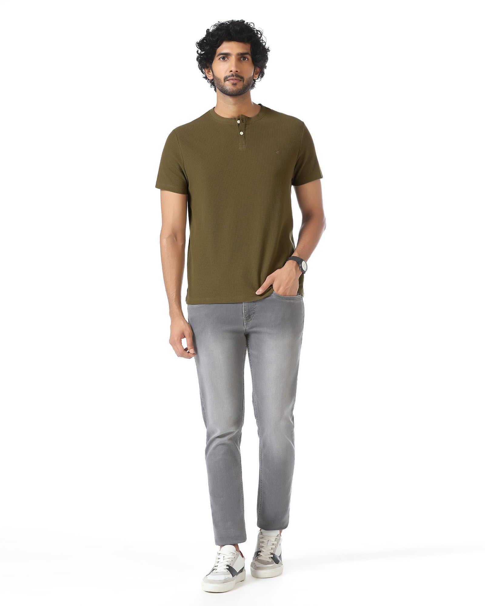 Brown Henley Collar Textured T-Shirt - Hann