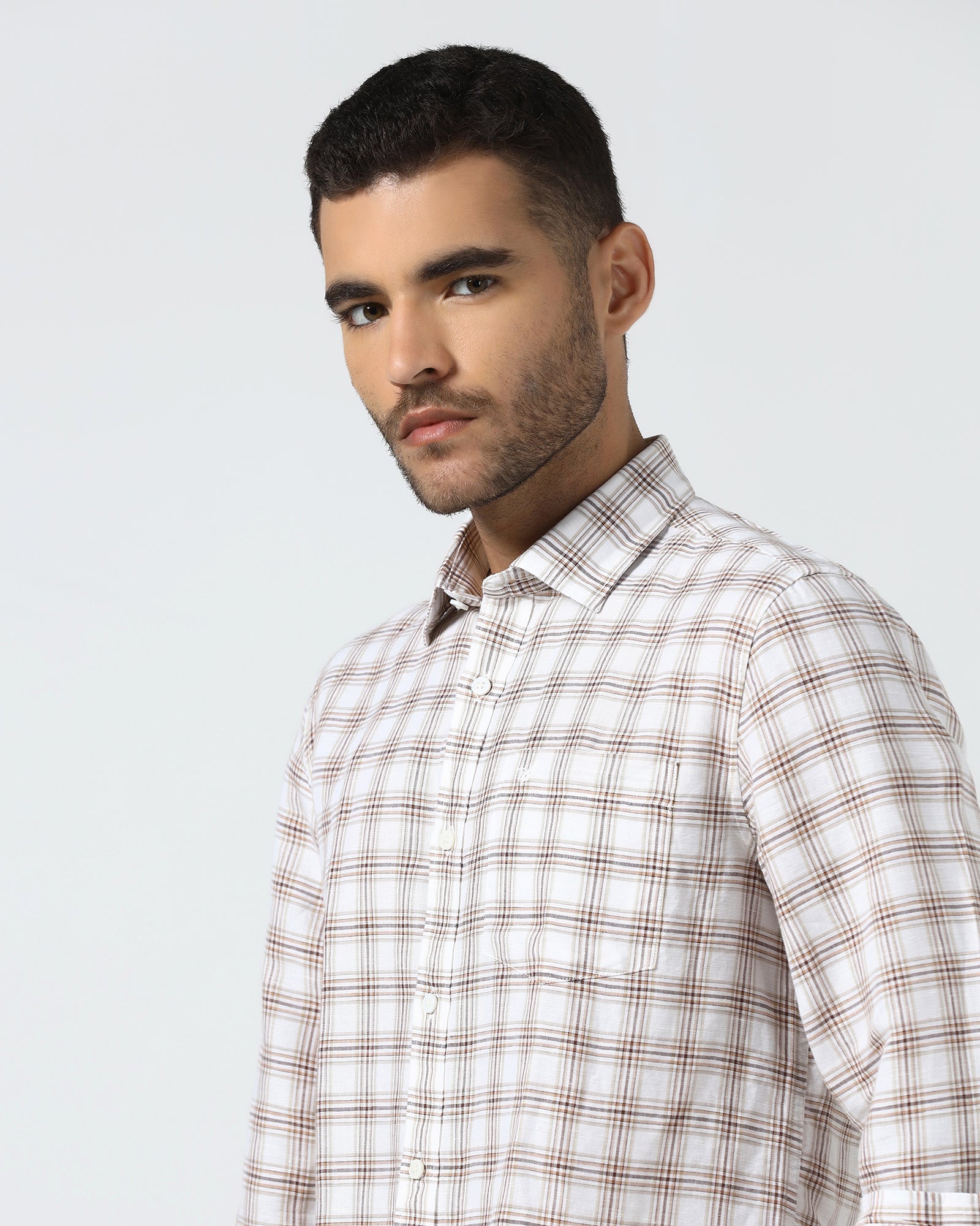 Brown Linen Check Shirt - Dravo