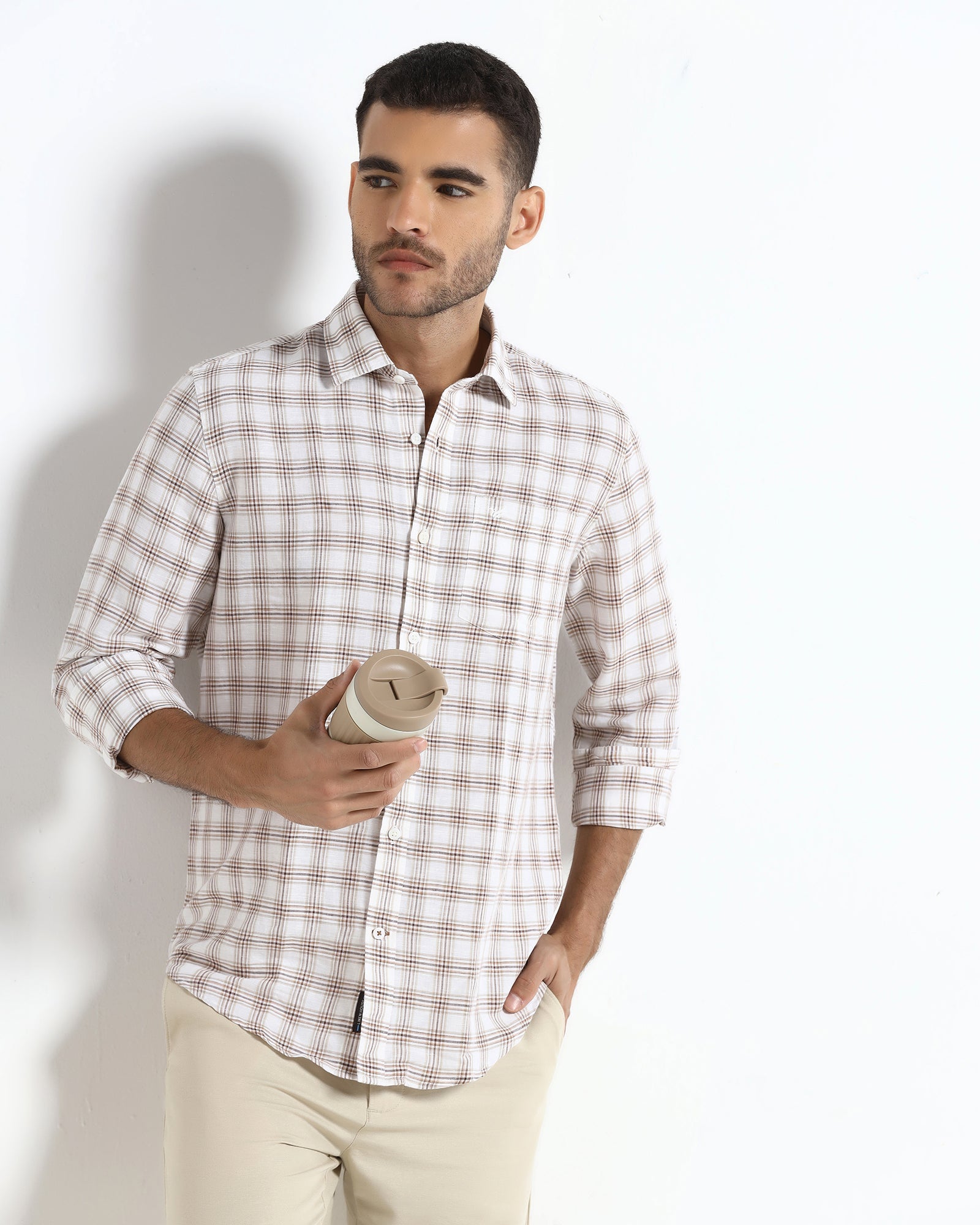 Brown Linen Check Shirt - Dravo