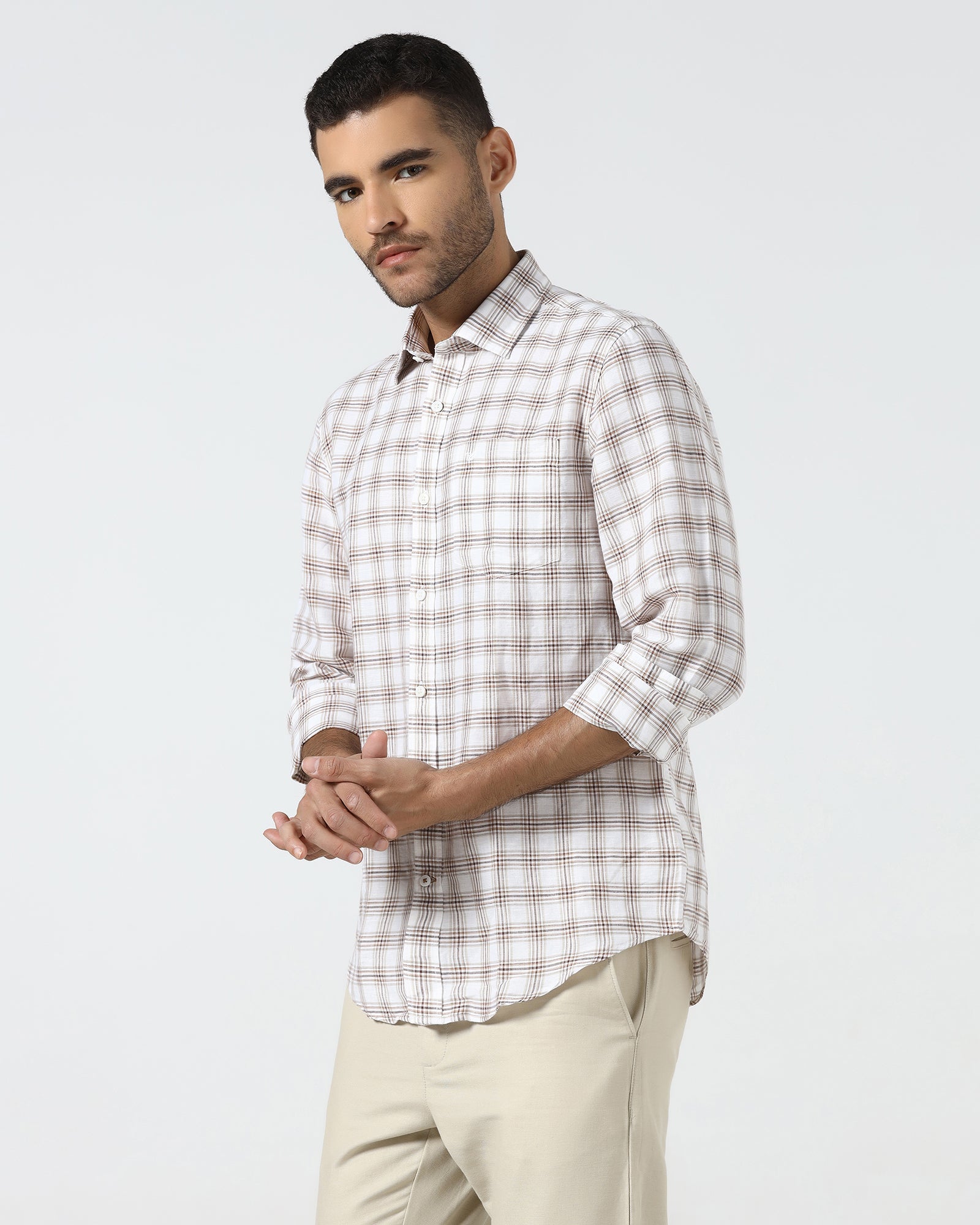 Brown Linen Check Shirt - Dravo