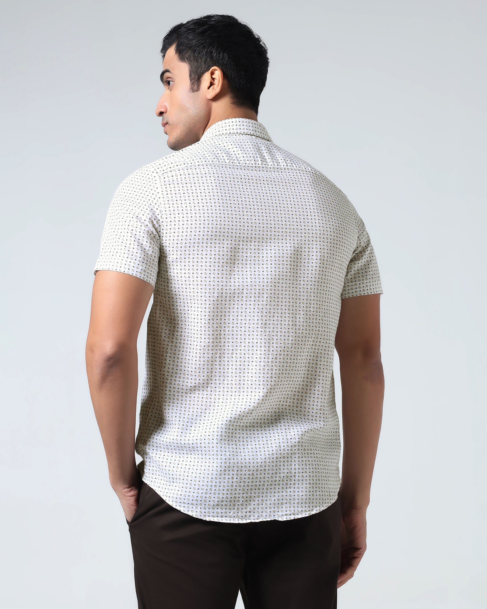 Brown Half Sleeve Linen Printed Shirt - Rogel