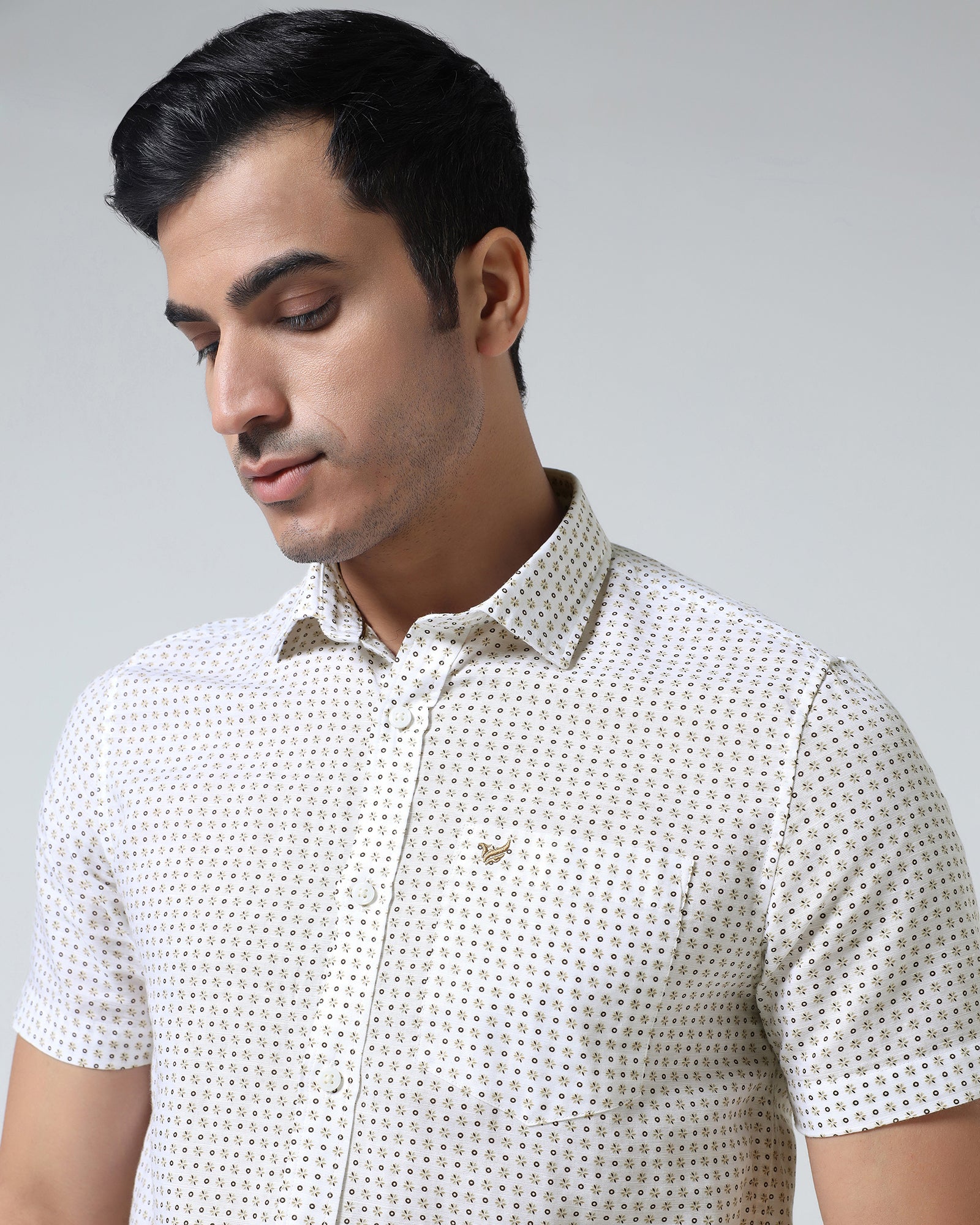 Brown Half Sleeve Linen Printed Shirt - Rogel