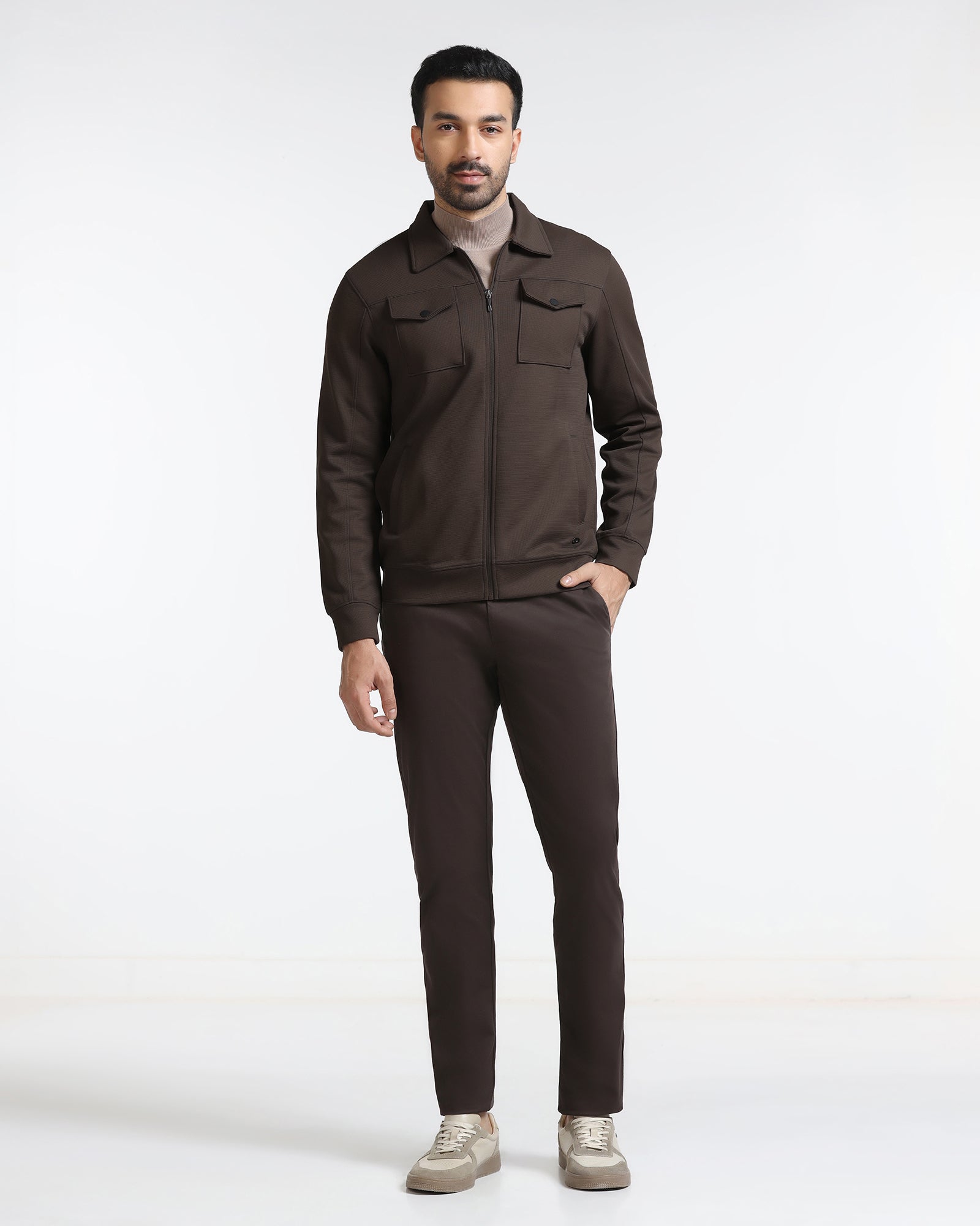 Brown Polo Neck Solid Sweatshirt - Octa
