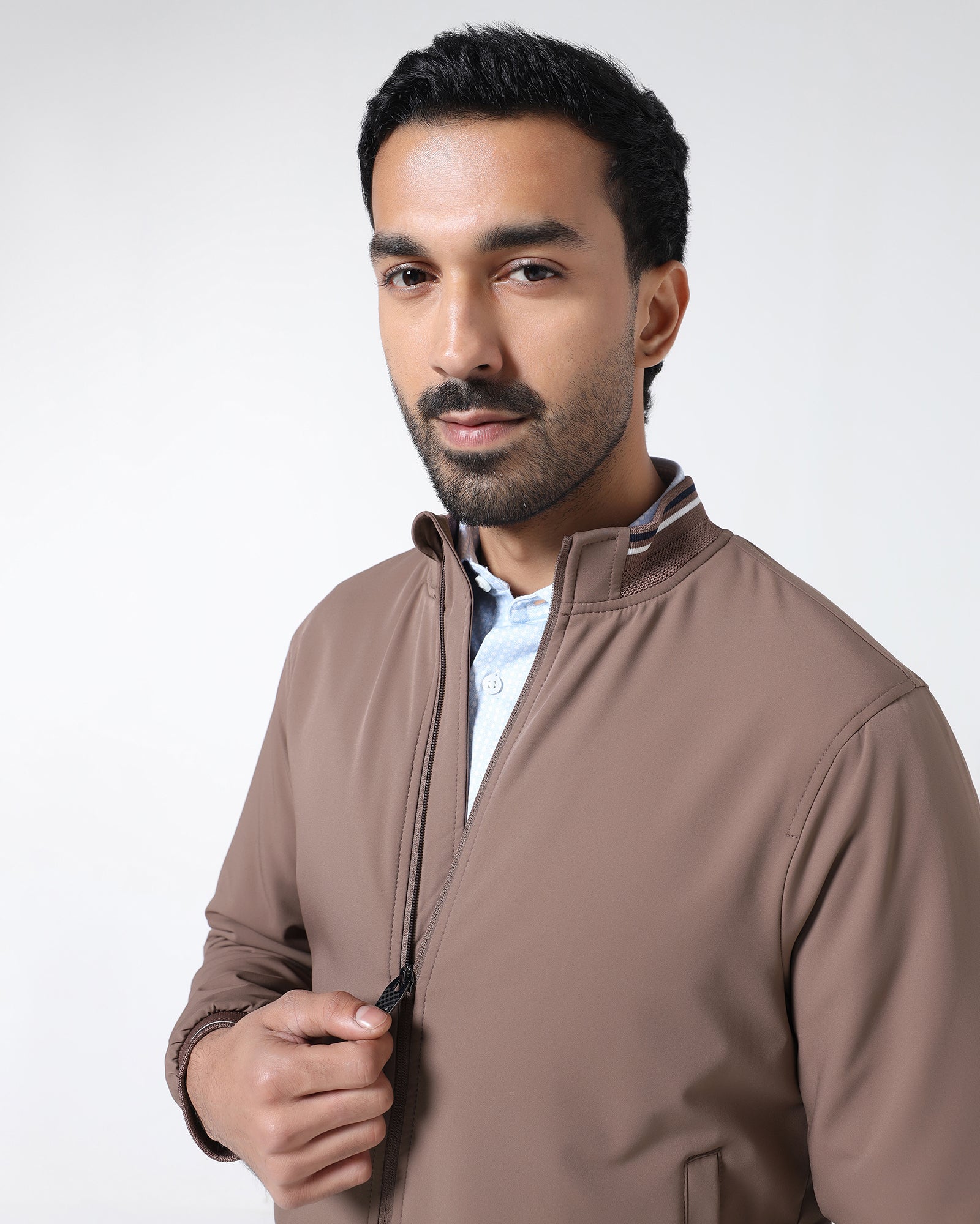 Brown Solid Zipper Jacket - Dornell