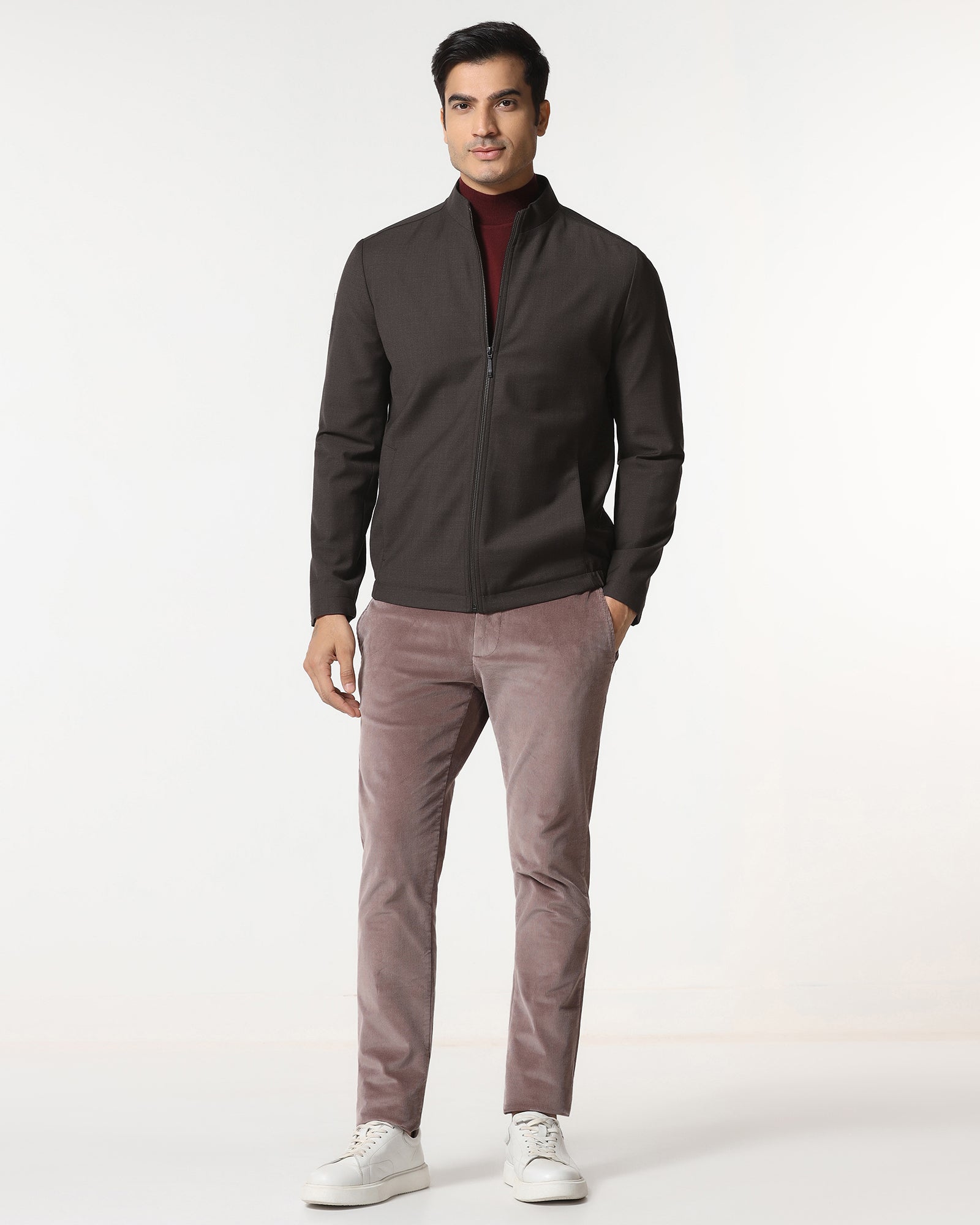 Brown Solid Zipper Jacket - Zeno