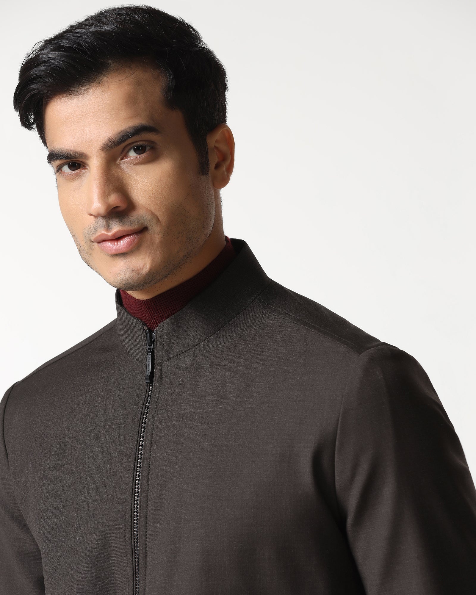 Brown Solid Zipper Jacket - Zeno