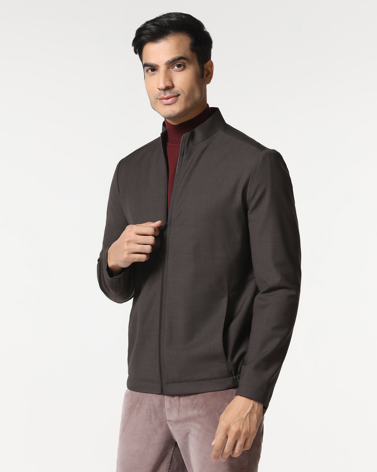 Brown Solid Zipper Jacket - Zeno