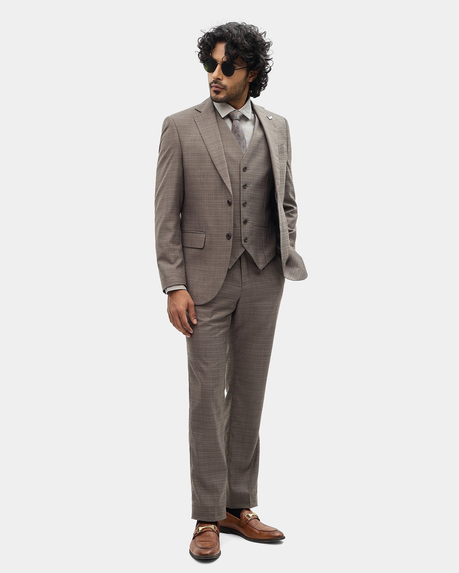 Brown Three Piece Check Suit - Celton