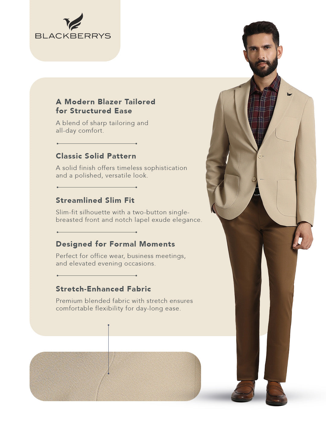 Beige Solid Blazer - Modelo