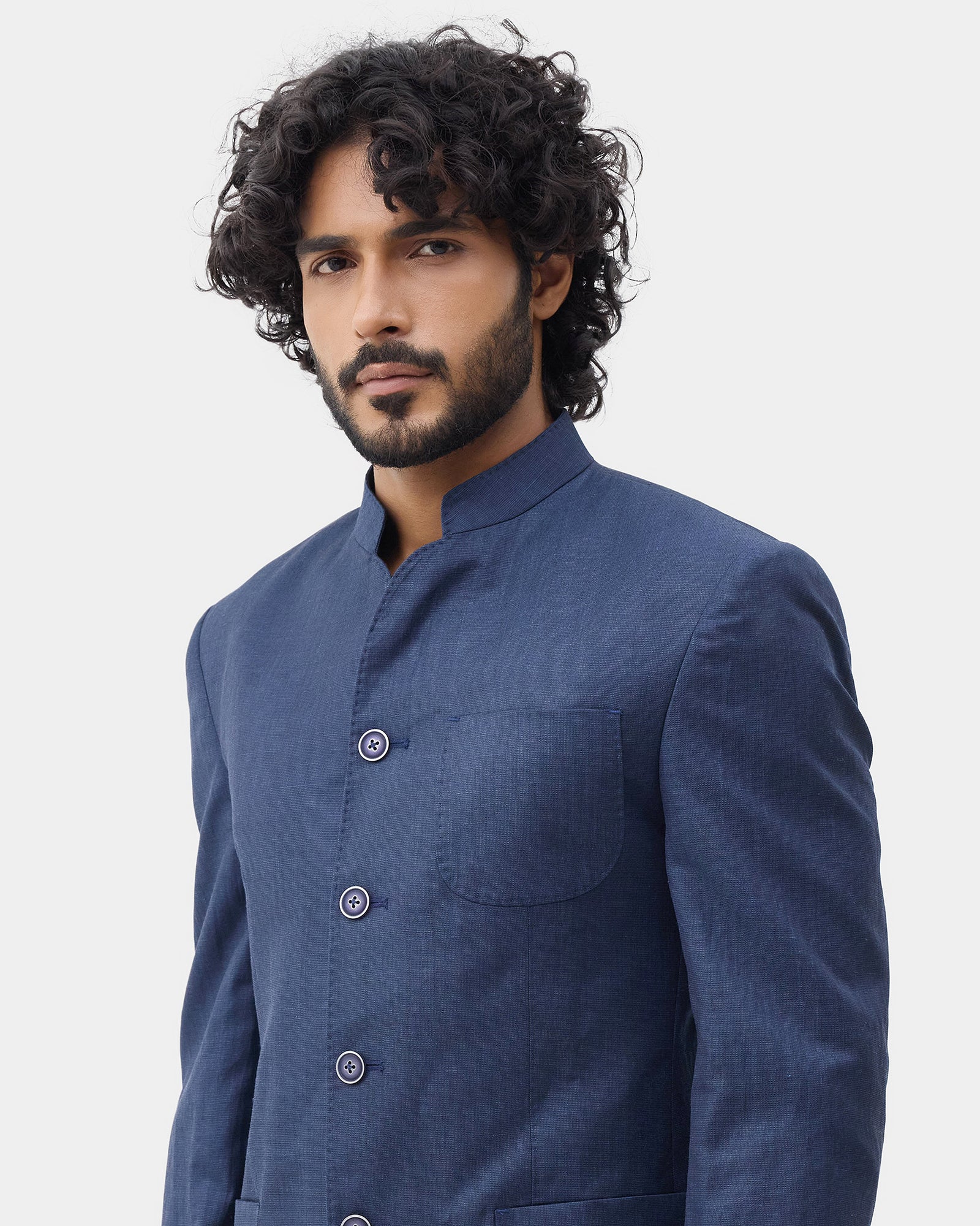 Navy Solid Linen Bandhgala - Caizo