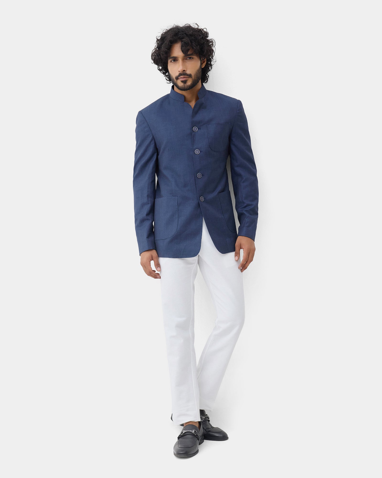 Navy Solid Linen Bandhgala - Caizo