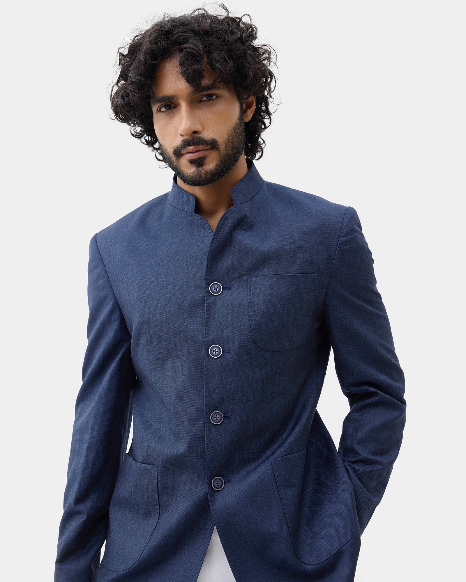 Navy Solid Linen Bandhgala - Caizo