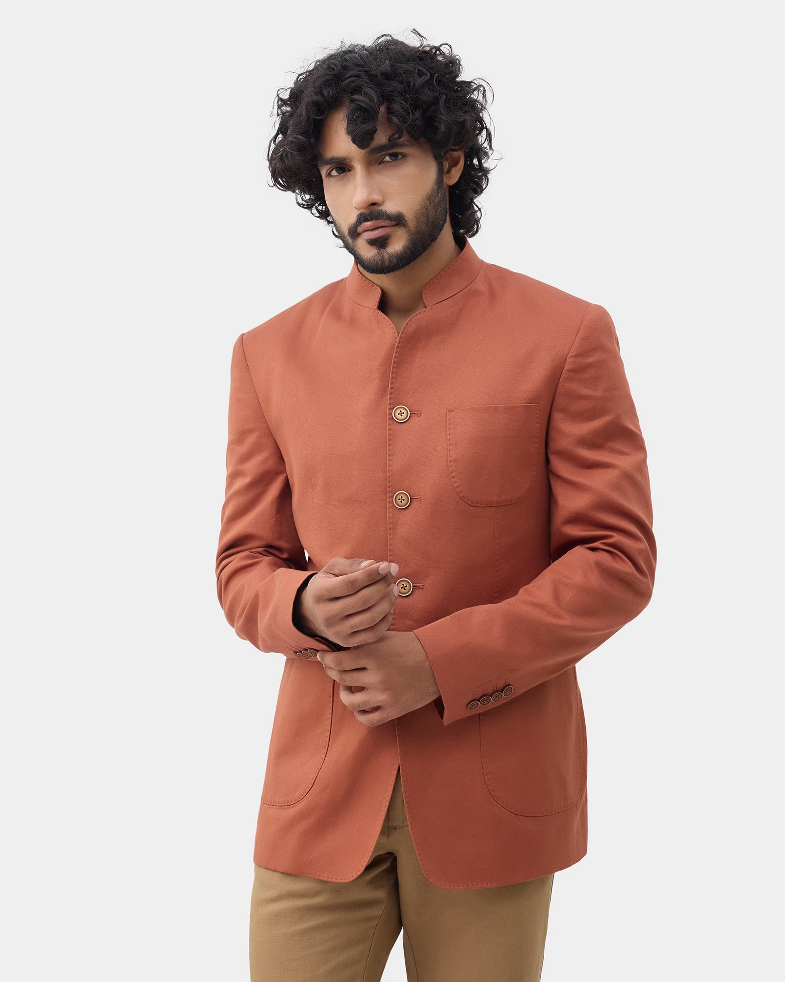 Rust Solid Linen Bandhgala - Yumi