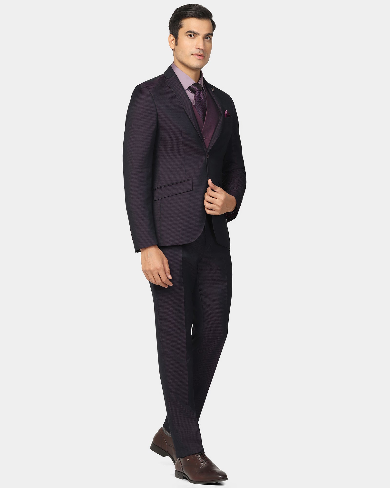 Three Piece Wine Textured Formal Suit - Banhoff