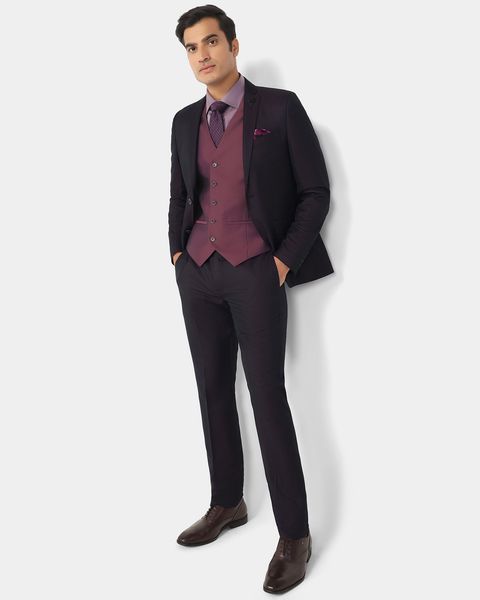 Three Piece Wine Textured Formal Suit - Banhoff