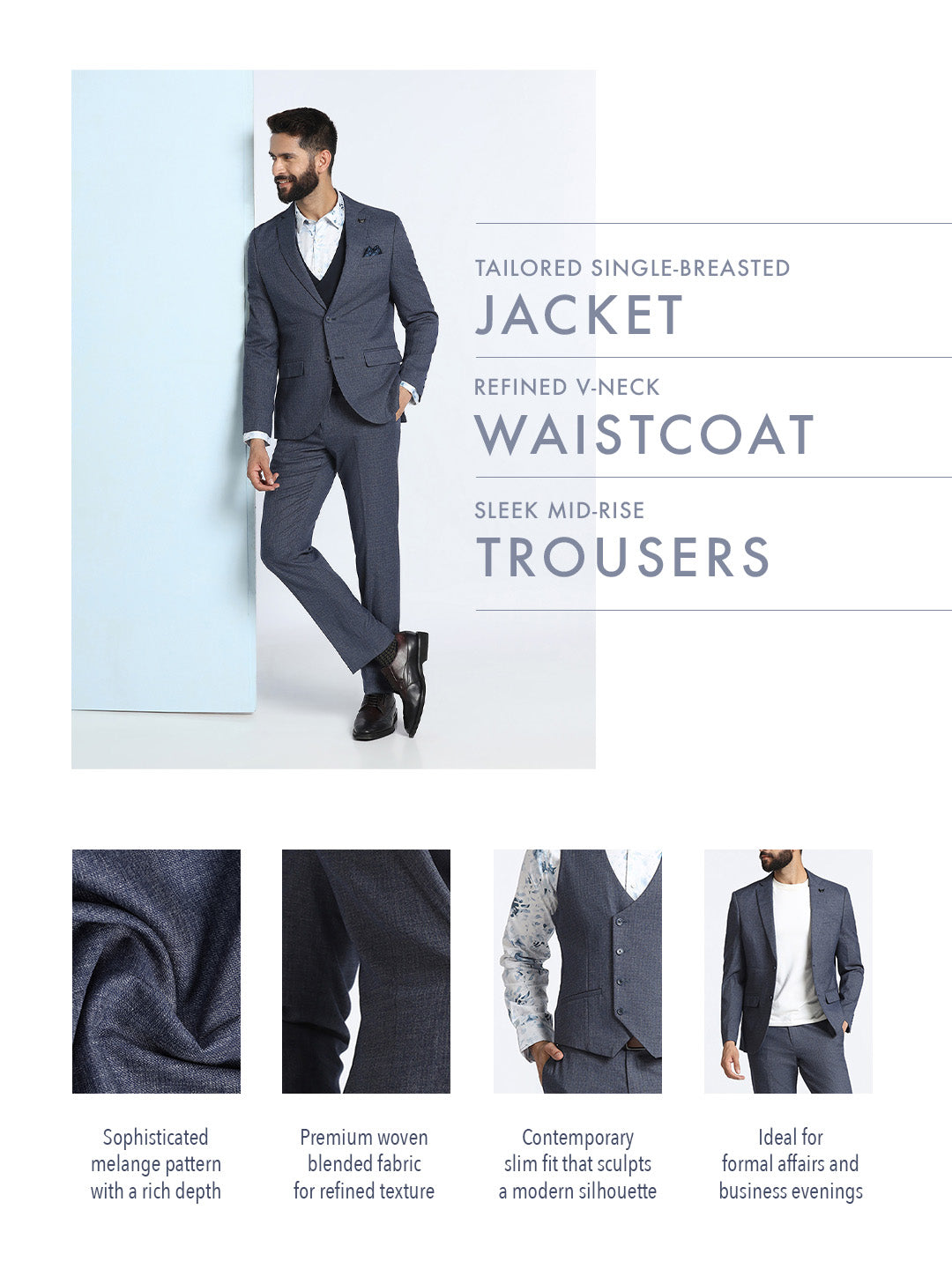 Navy Three Piece Textured Suit - Zyme