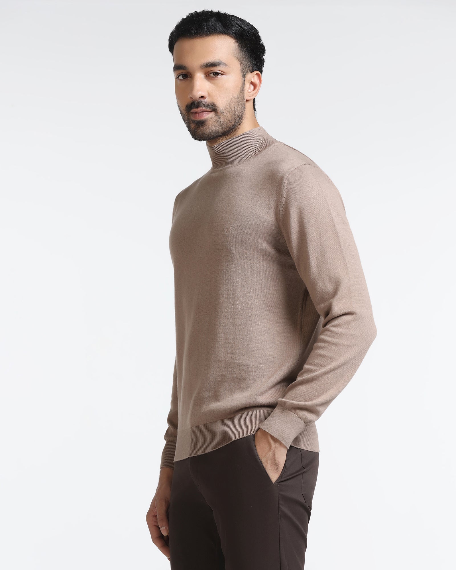 Camel High Neck Solid Sweater - Pop