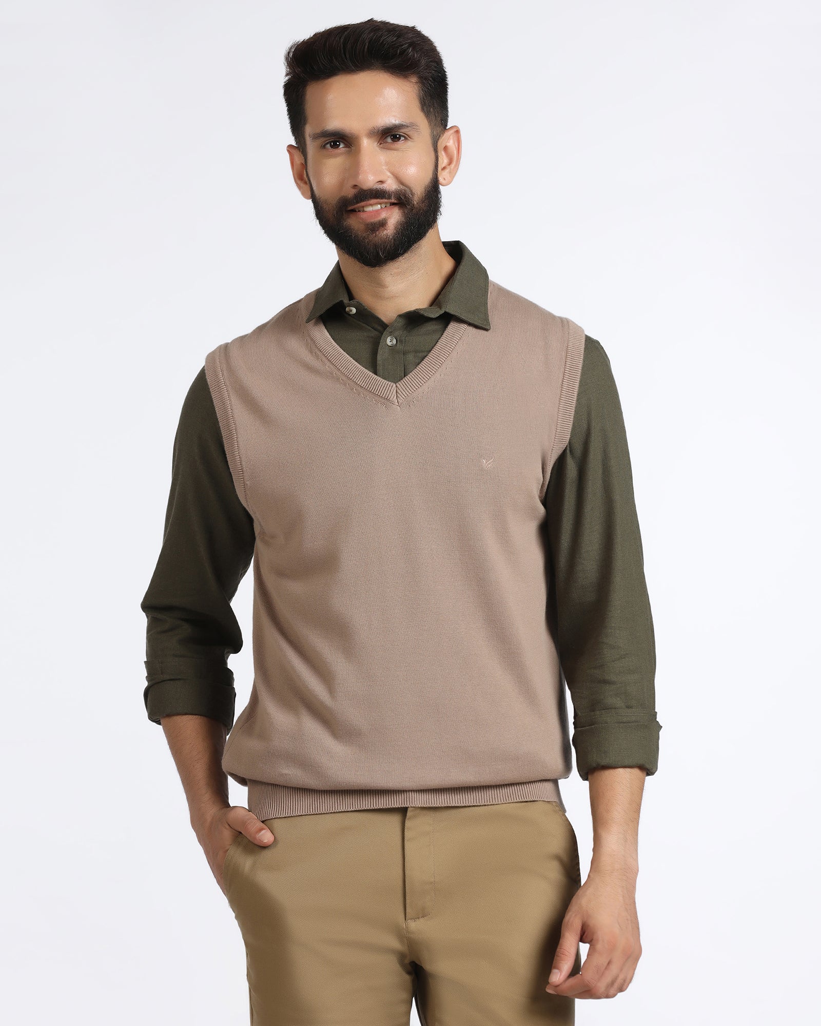 Camel V-Neck Solid Sweatshirt - Less