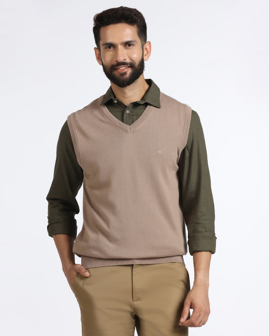 Camel V-Neck Solid Sweater - Less