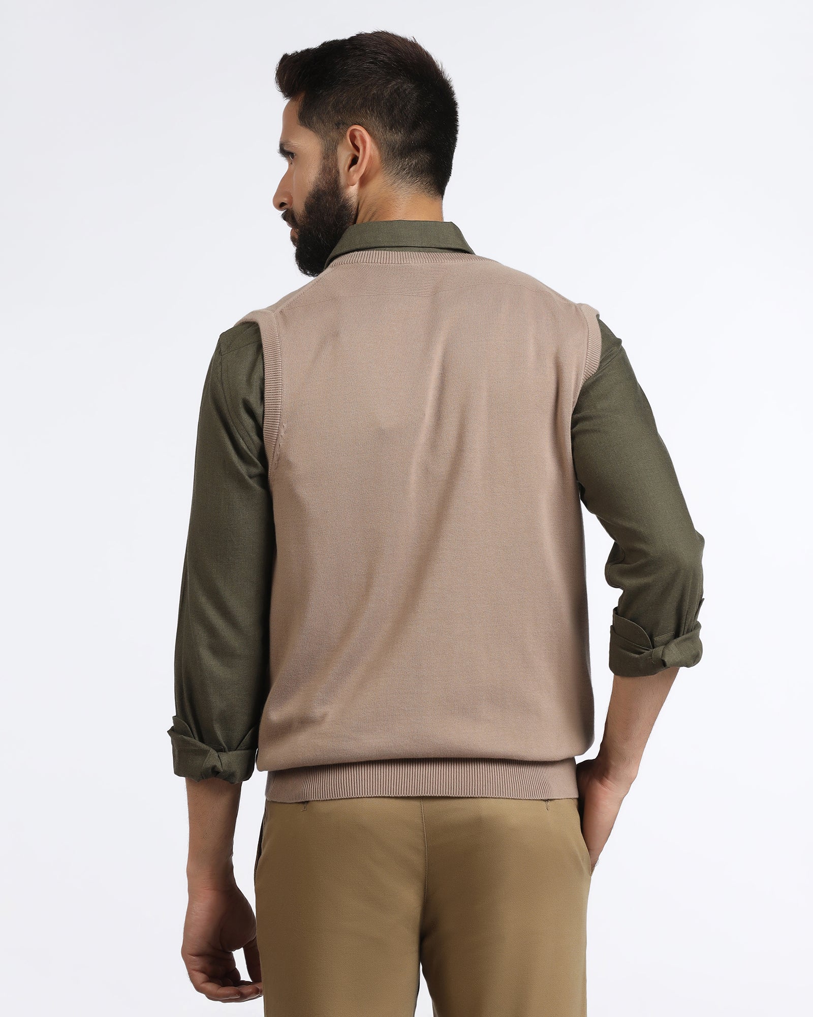 Camel V-Neck Solid Sweatshirt - Less