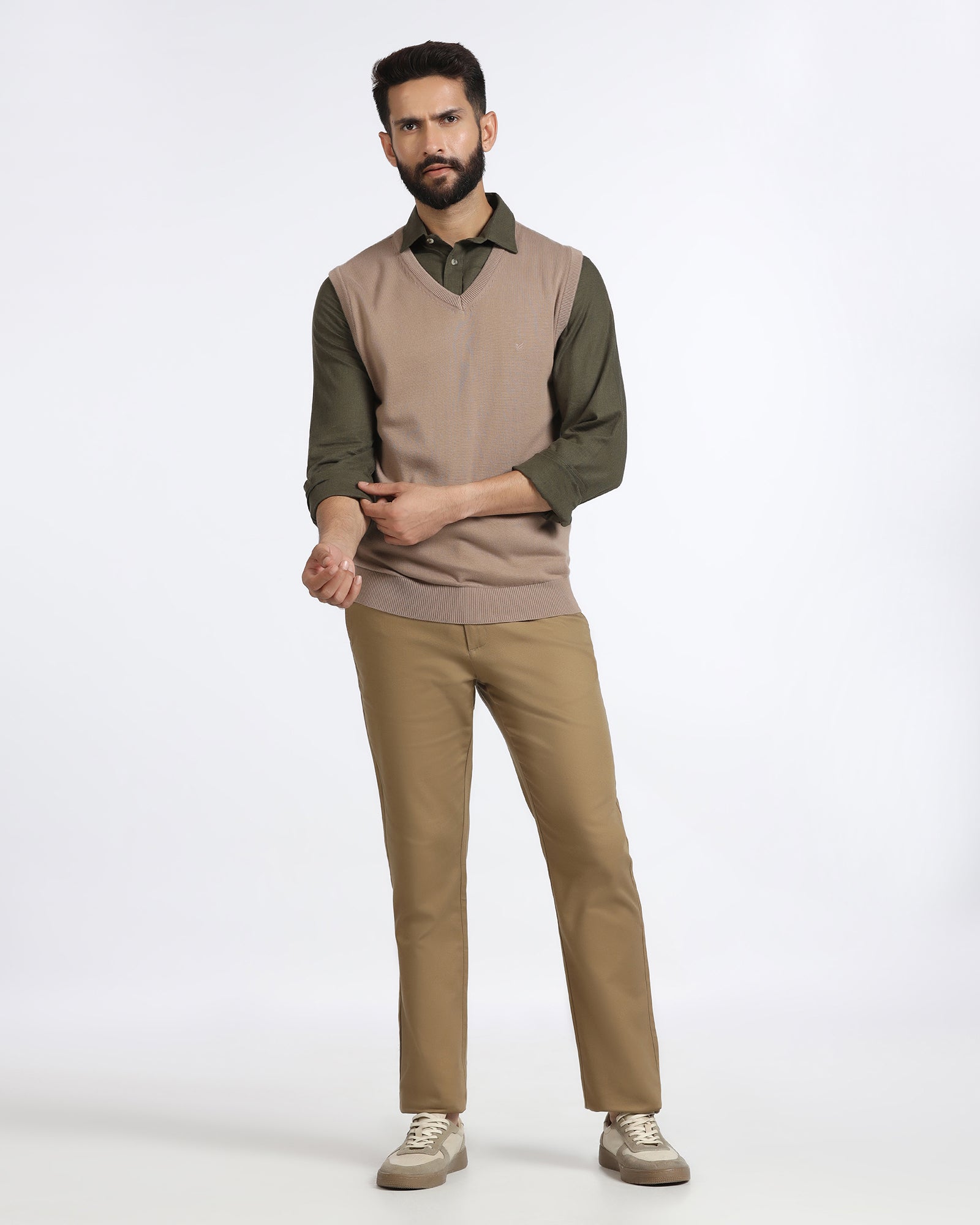 Camel V-Neck Solid Sweatshirt - Less