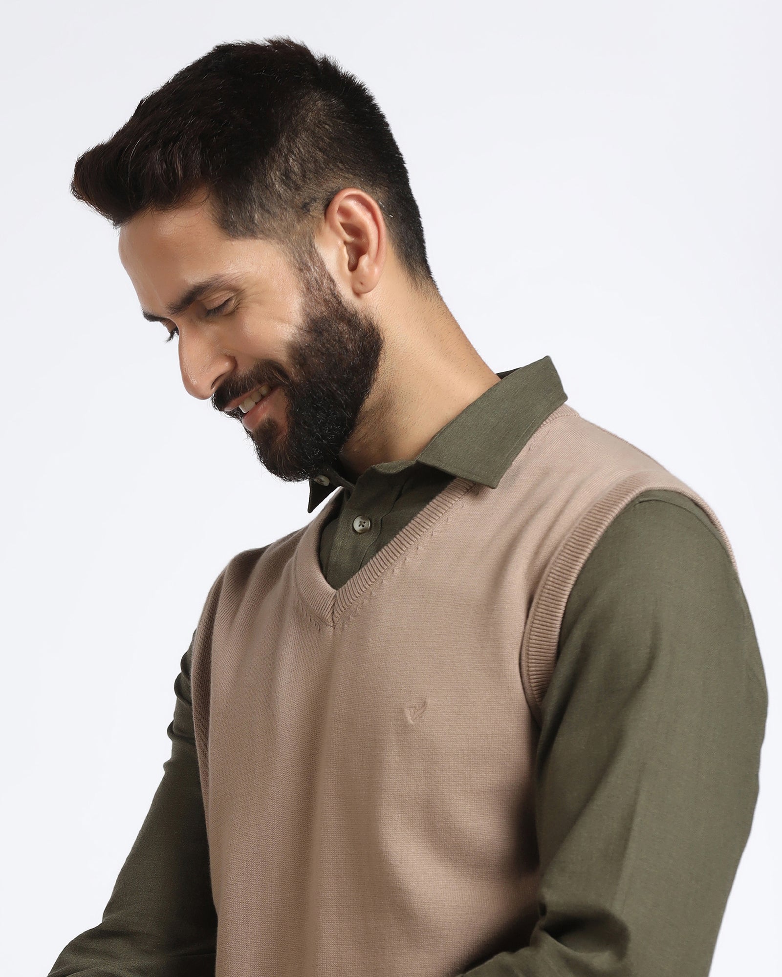 Camel V-Neck Solid Sweatshirt - Less