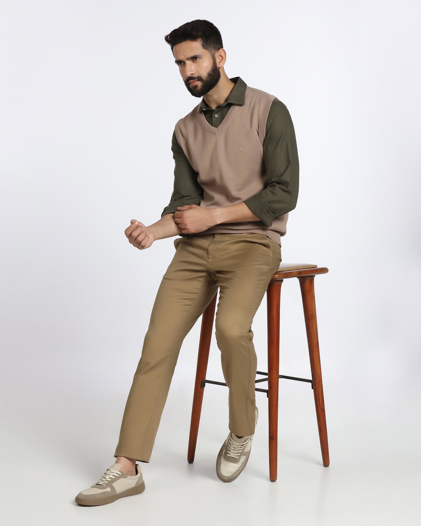 Camel V-Neck Solid Sweatshirt - Less
