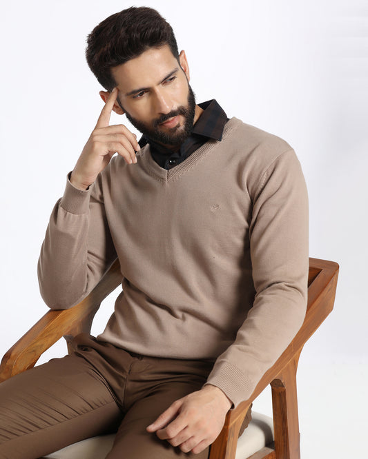Camel V-Neck Solid Sweater - Vneckter