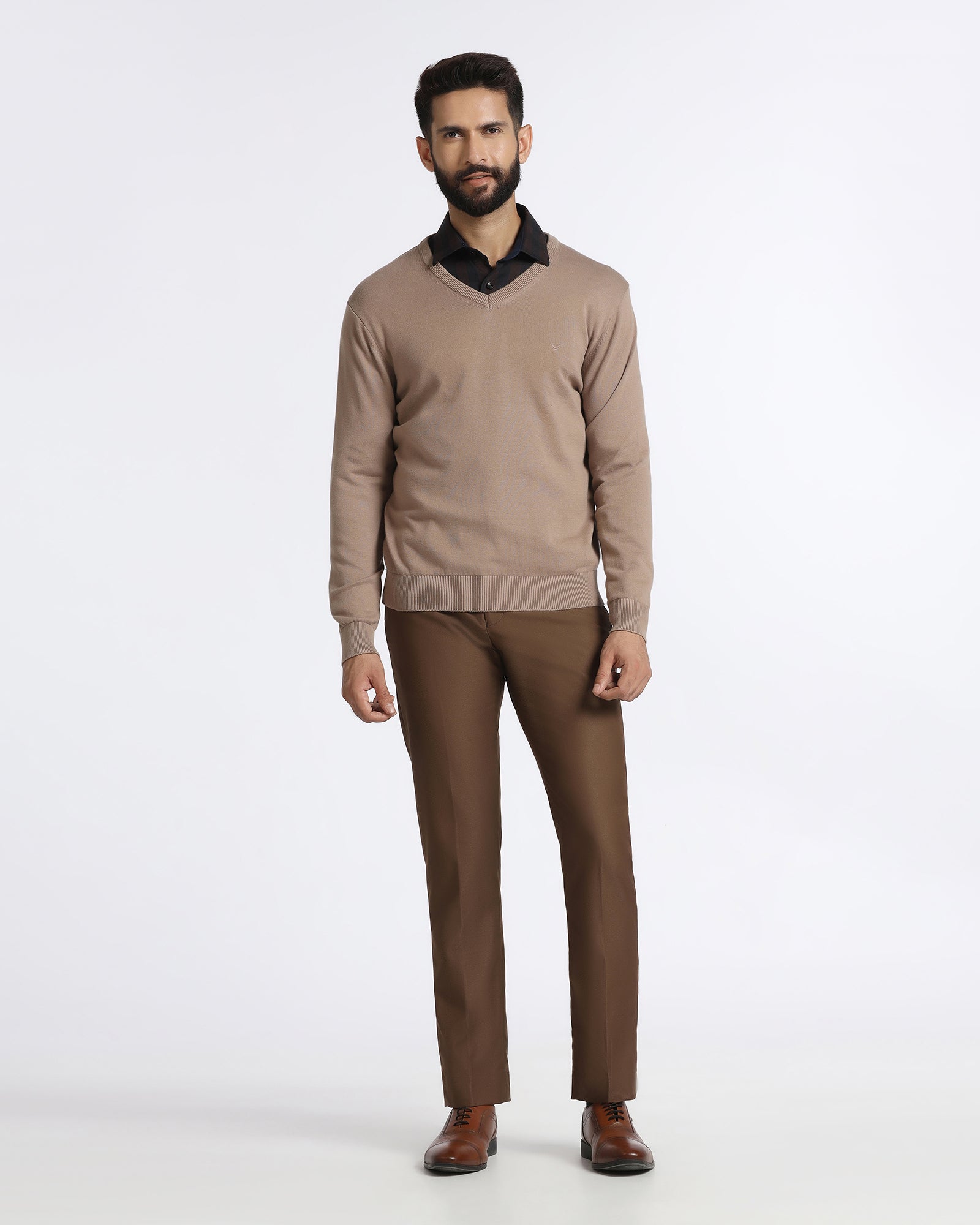 Camel V-Neck Solid Sweatshirt - Vneckter