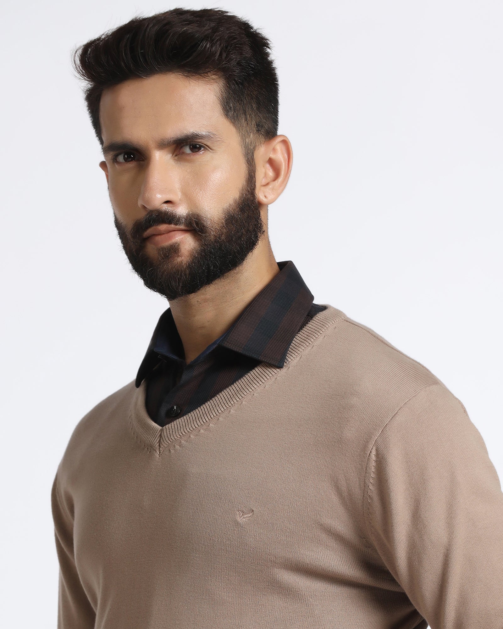 Camel V-Neck Solid Sweatshirt - Vneckter