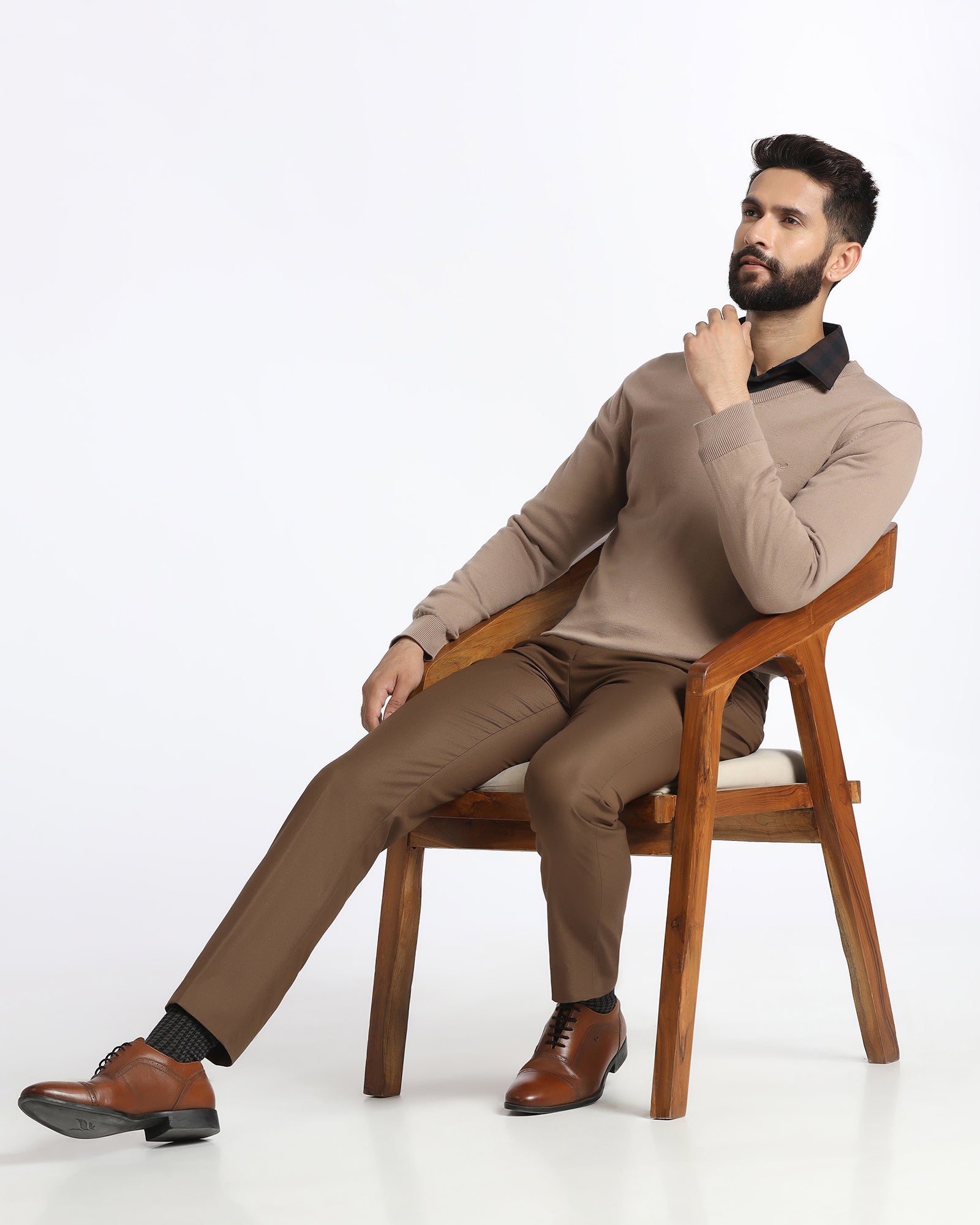 Camel V-Neck Solid Sweatshirt - Vneckter