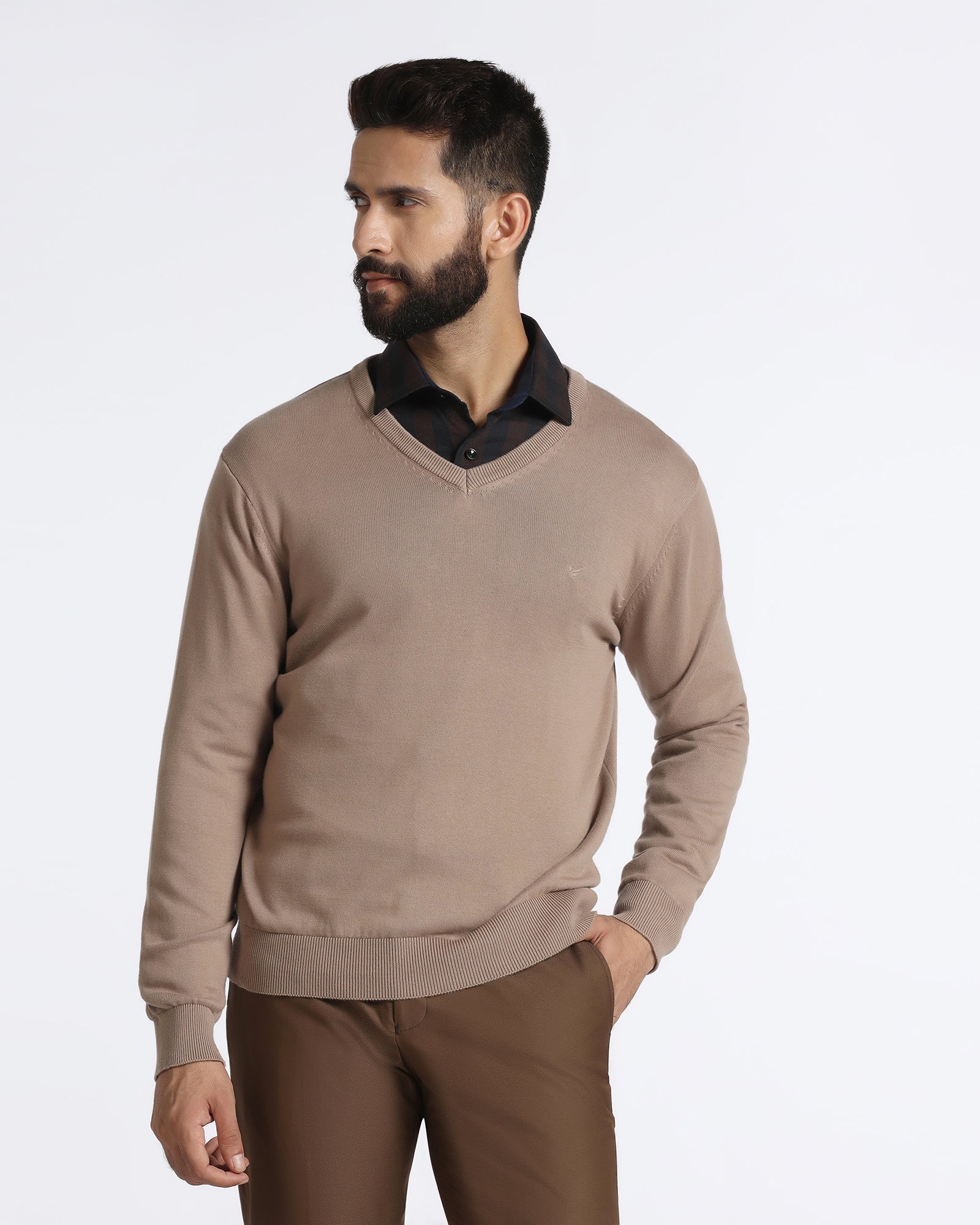 Camel V-Neck Solid Sweatshirt - Vneckter