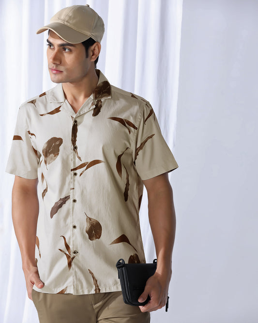 Casual Half Sleeve Beige Printed Shirt - Rowen