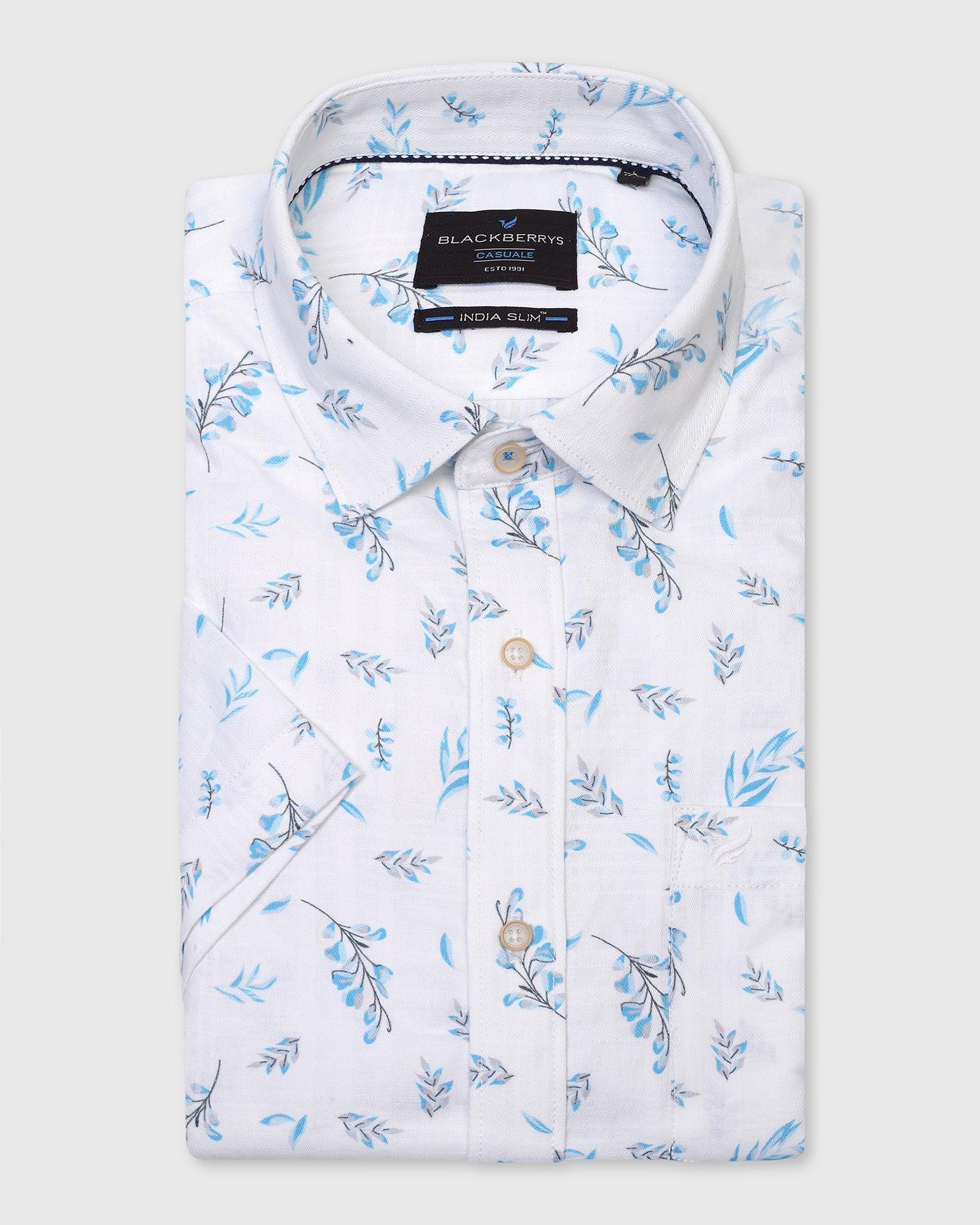 Linen Casual Half Sleeve Blue Printed Shirt - Martin - Blackberrys
