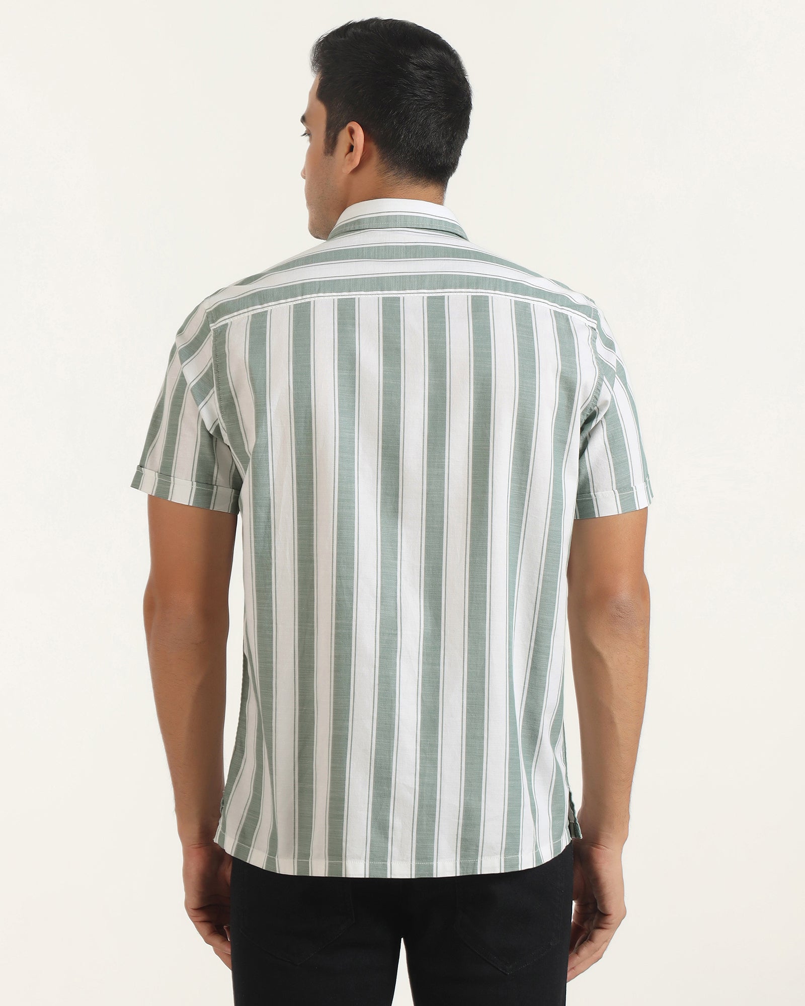 Casual Half Sleeve Green Stripe Shirt - Delmor
