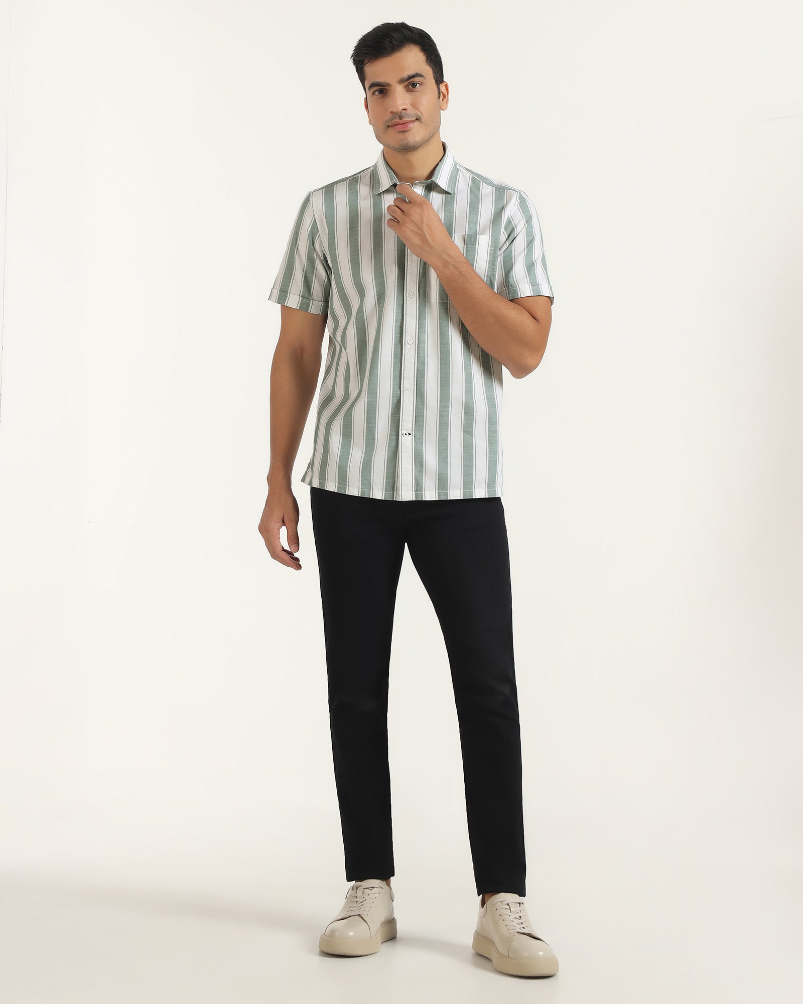 Casual Half Sleeve Green Stripe Shirt - Delmor