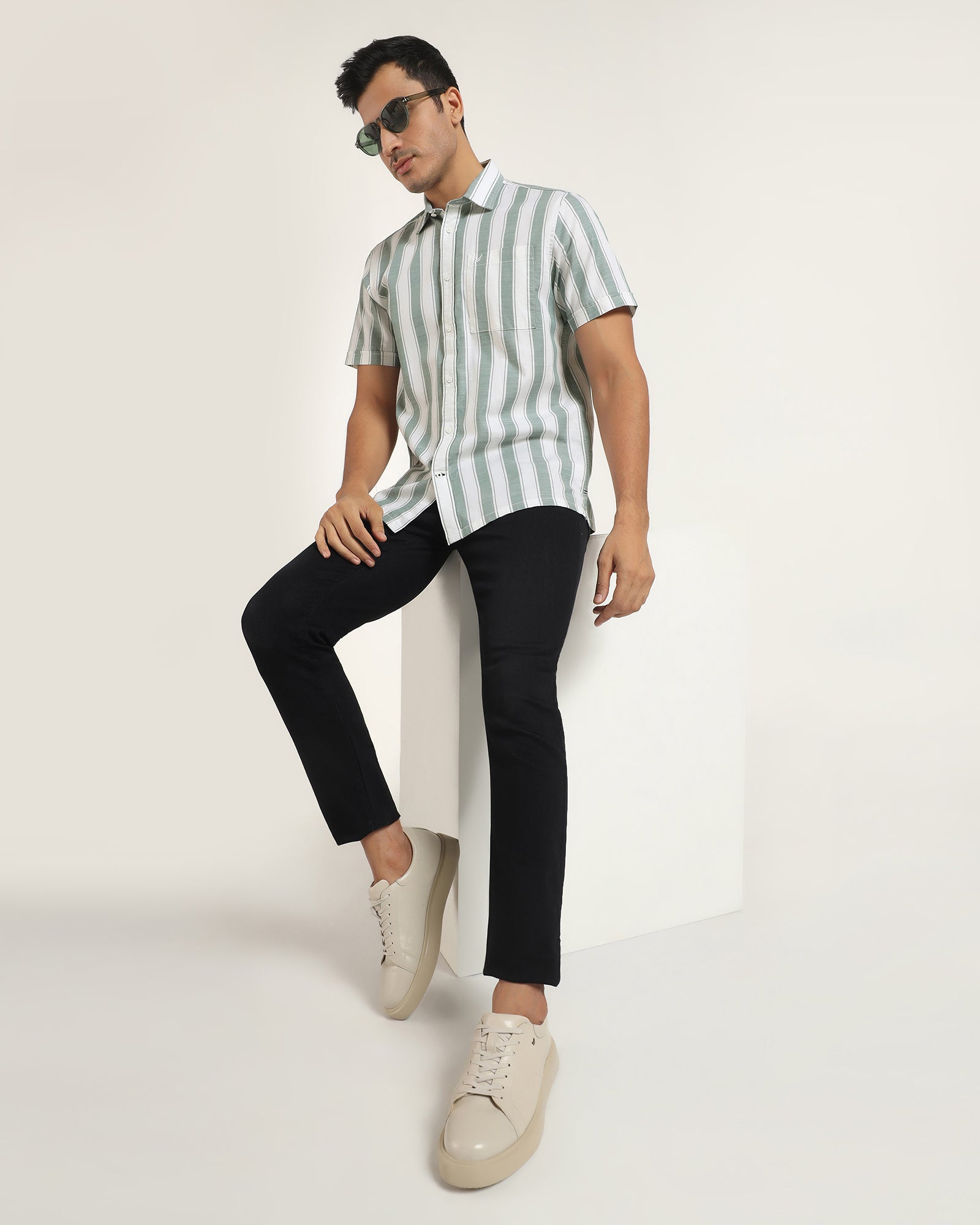 Casual Half Sleeve Green Stripe Shirt - Delmor