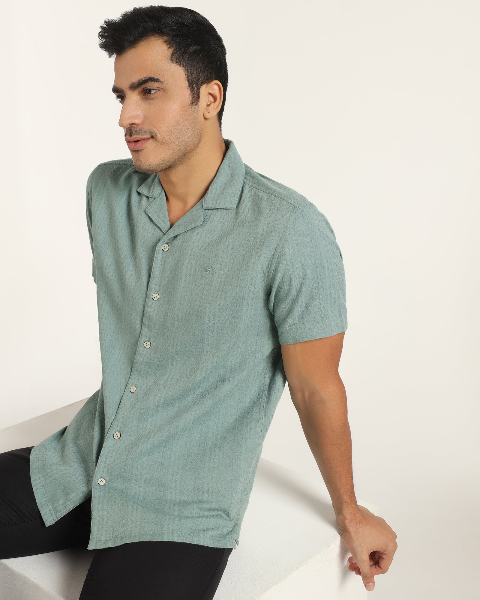 Casual Half Sleeve Green Textured Shirt - Elister