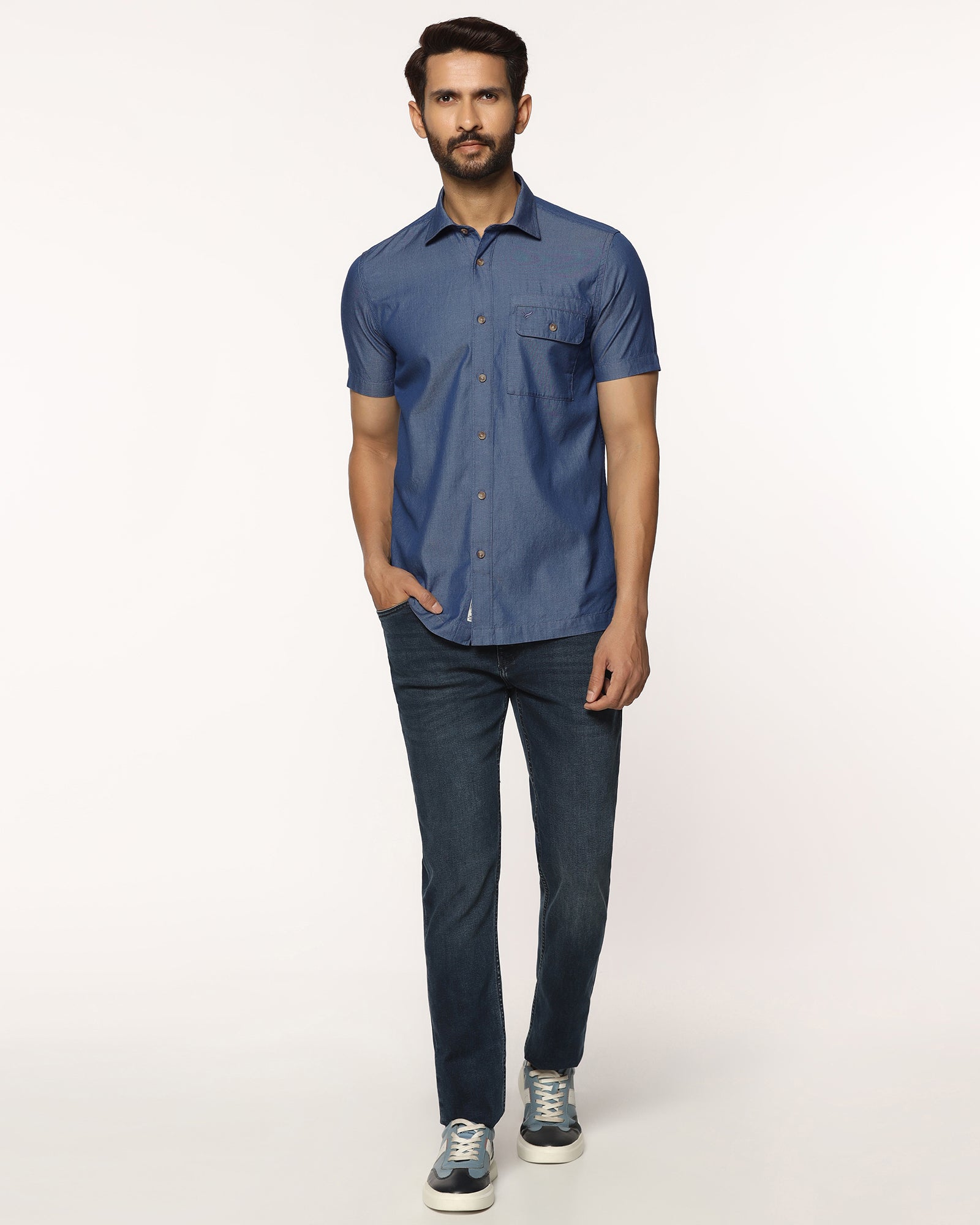 Casual Half Sleeve Indigo Solid Shirt - Mylo